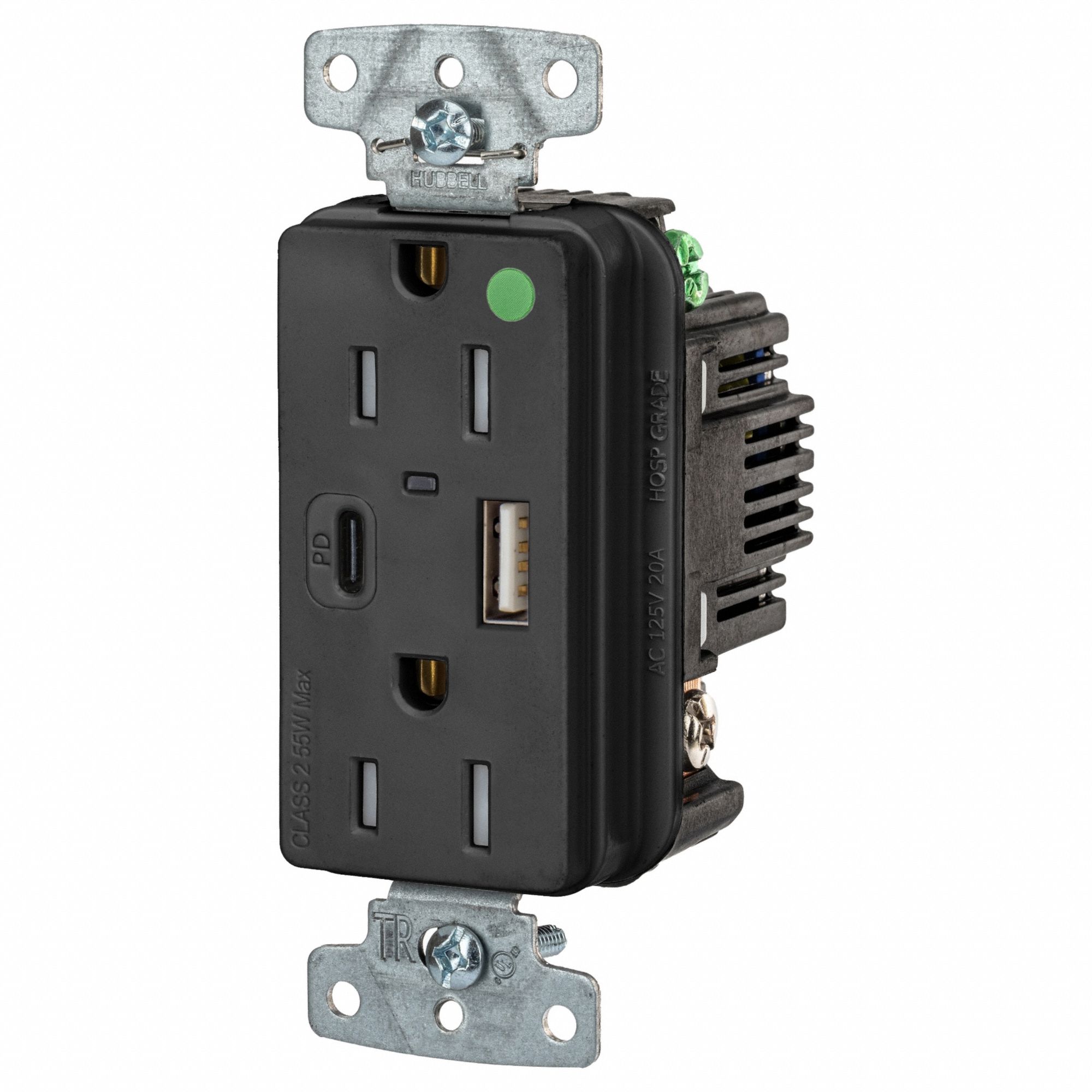 USB Receptacle: 5-15R, 15 A, 125V AC, Black, A/C USB Connection Type