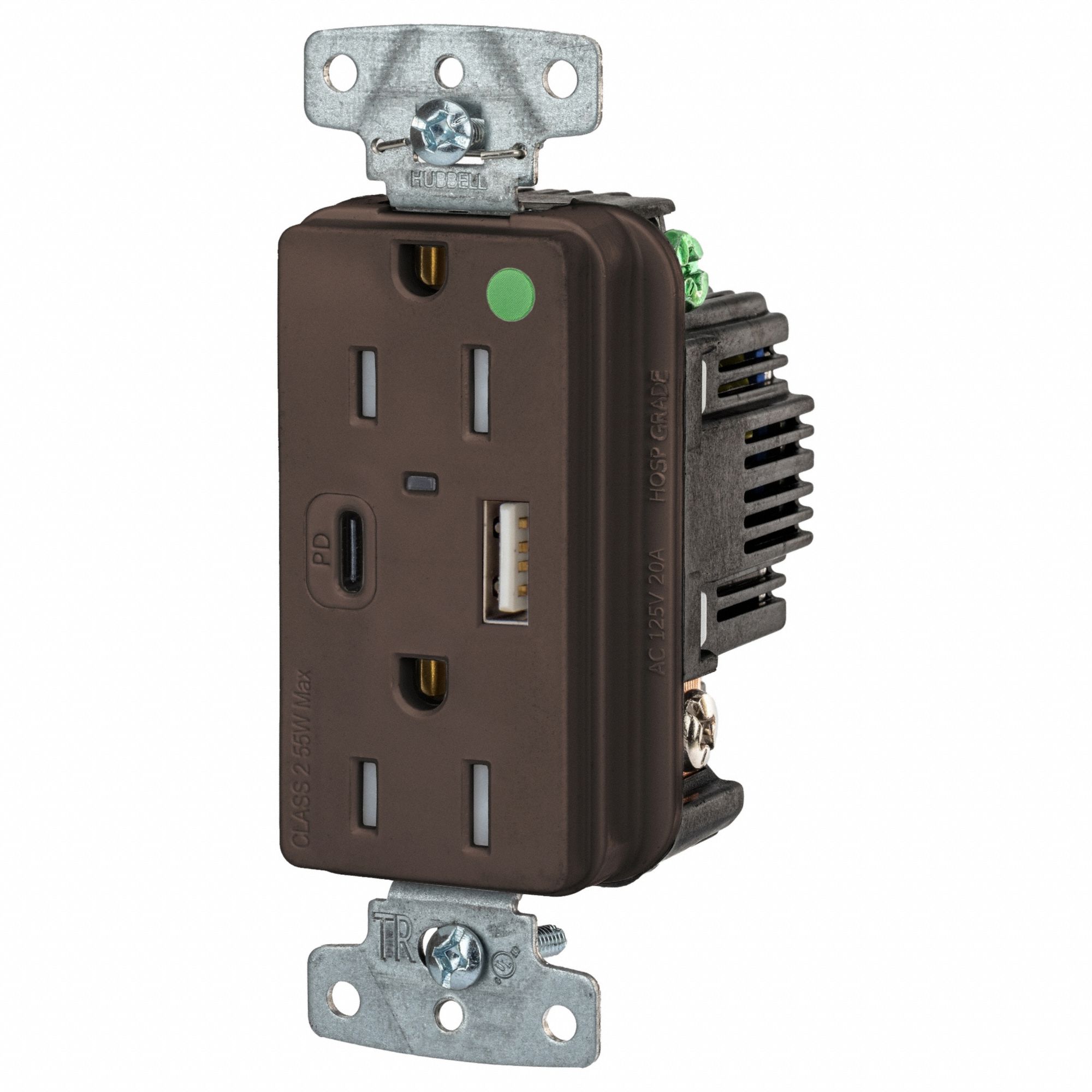 USB Receptacle: 5-15R, 15 A, 125V AC, Brown, A/C USB Connection Type