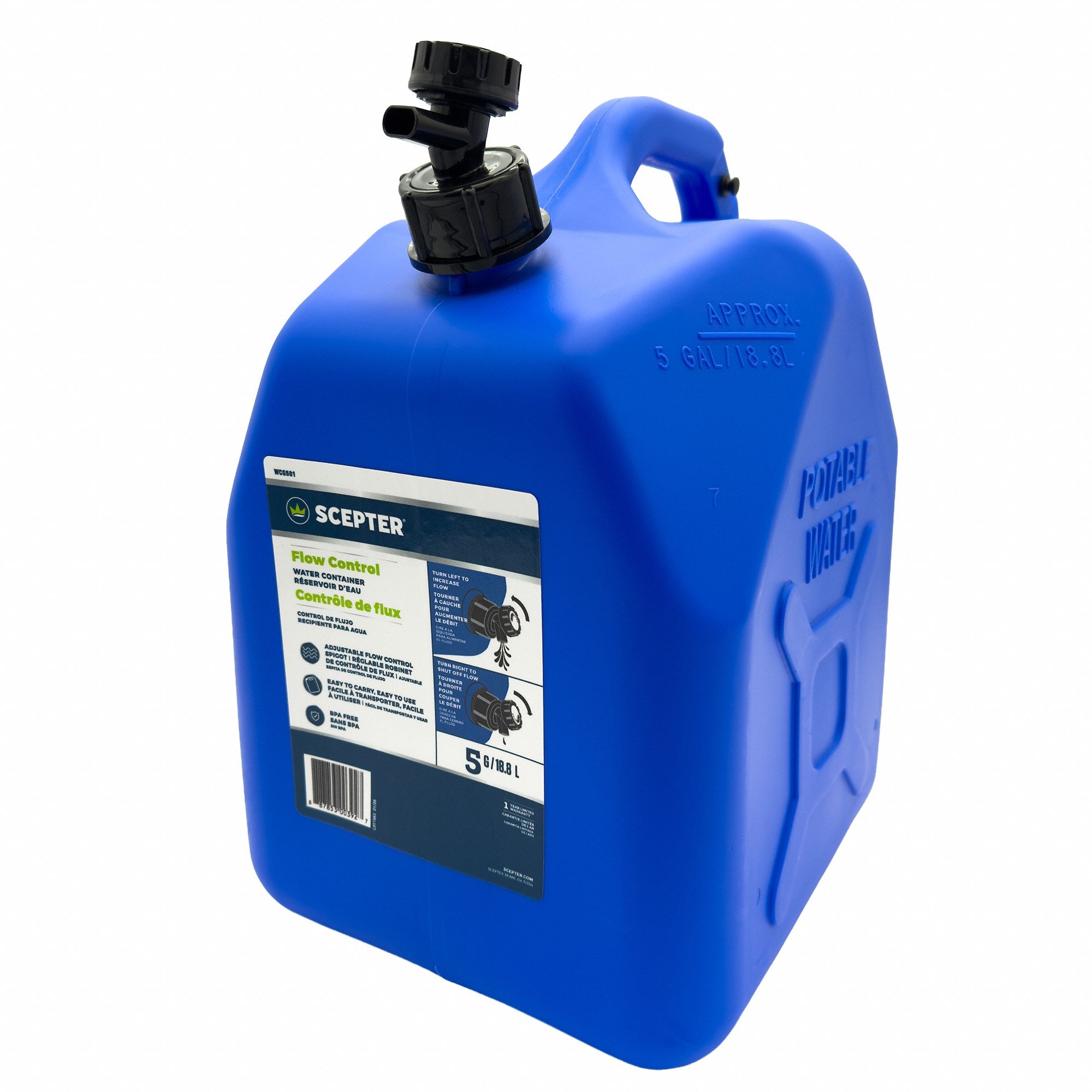 Hard-Sided Water Containers - Water Container: Blue, 5 gal Capacity, HDPE, 11 1/2 in Overall Lg