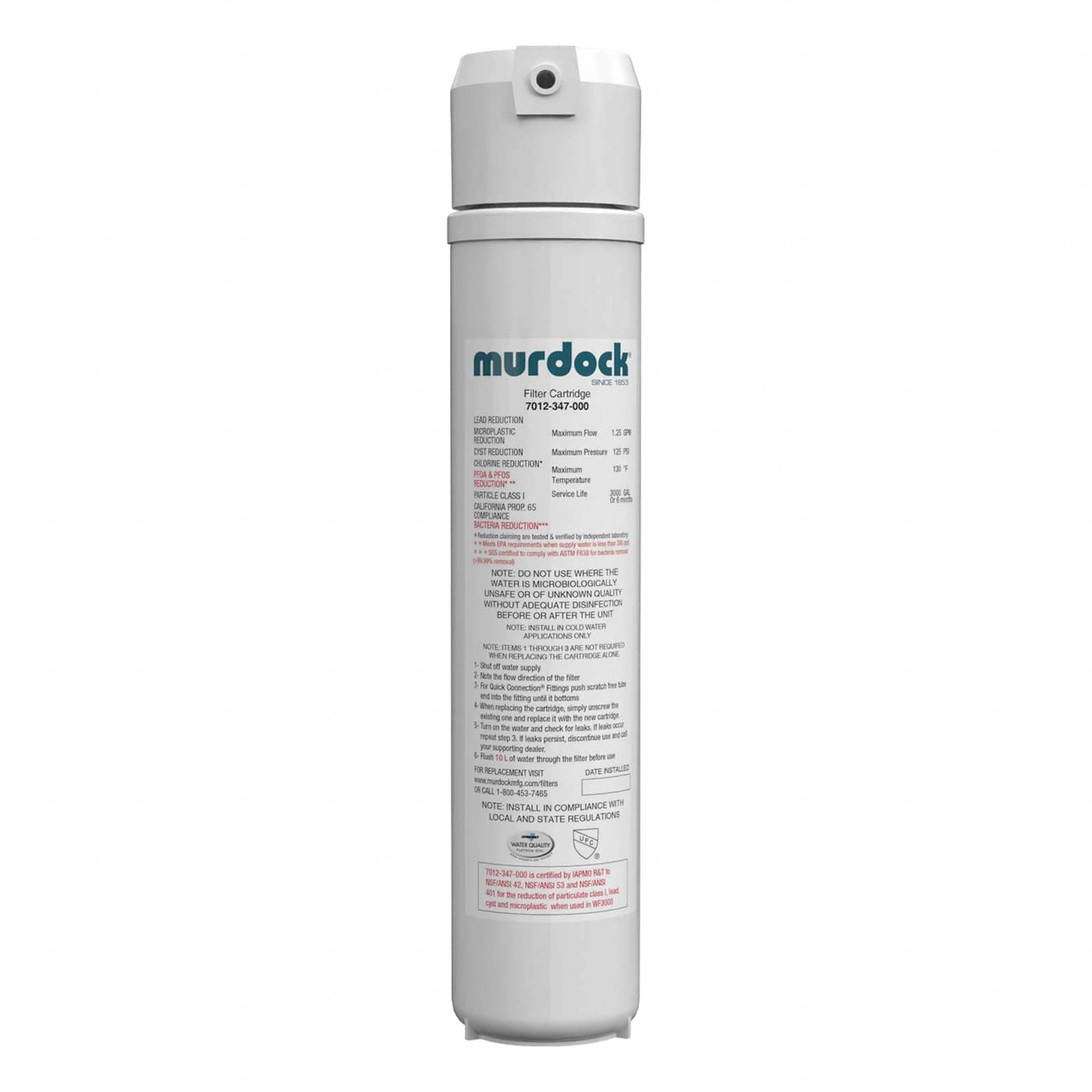 MURDOCK Water Filter Cartridge: 0.1 micron, 1.5 gpm, 3,000 gal, 2 1/2 in Overall Dia (MPN WF3000). Key specifications — Connection Type: Quick-Connect; Filter Media: Carbon Block; Brand: MURDOCK.