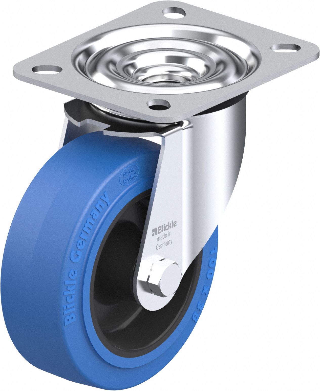 SWIVEL CASTER WHEEL, BRAKE, S.S, BLUE, 4 IN DIAMETER, RUBBER