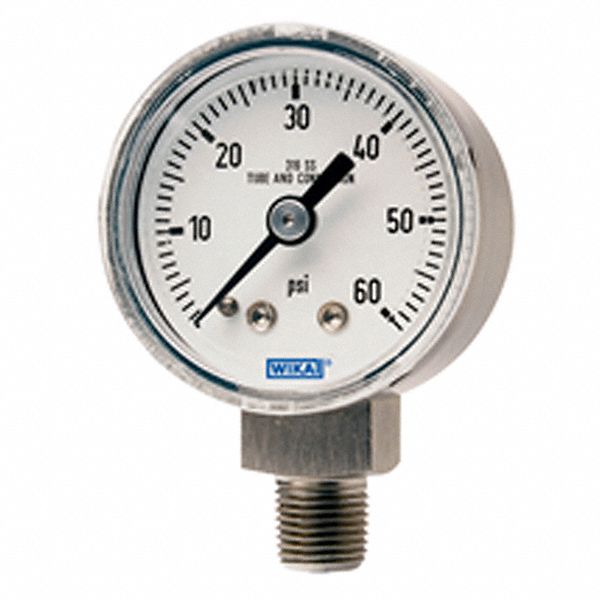 PRESSURE GAUGE, BACK MOUNT, 0-30 PSI, 1/4 IN MNPT, DIAL SIZE 2 IN