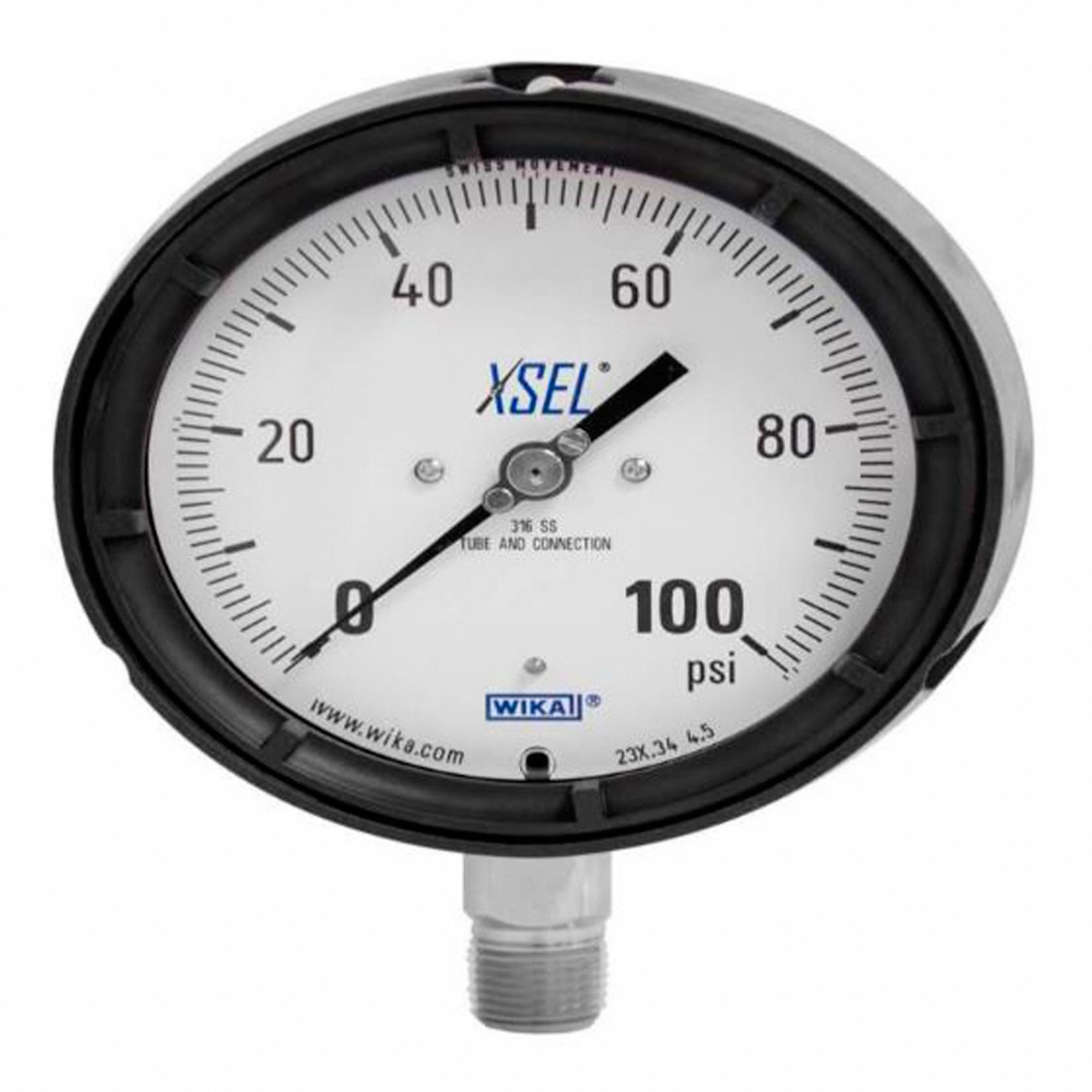 PRESSURE GAUGE, FOR PROCESSING, 0-100 PSI, 1/2 IN MNPT, DIAL SZ 4 1/2 IN