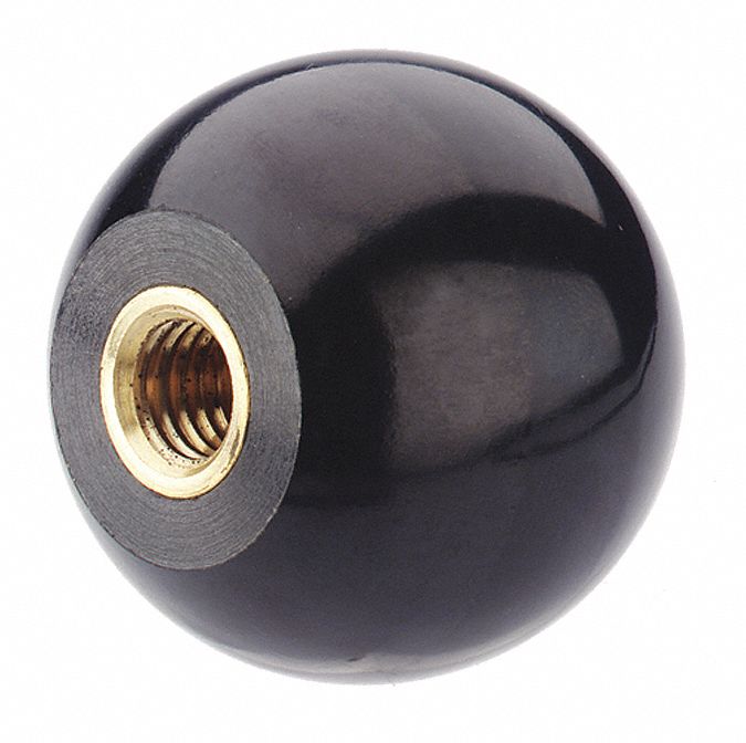 BALL KNOB, BRASS TAPPED INSERT, M8 X 1.25 THREAD SIZE, BLACK, PLASTIC