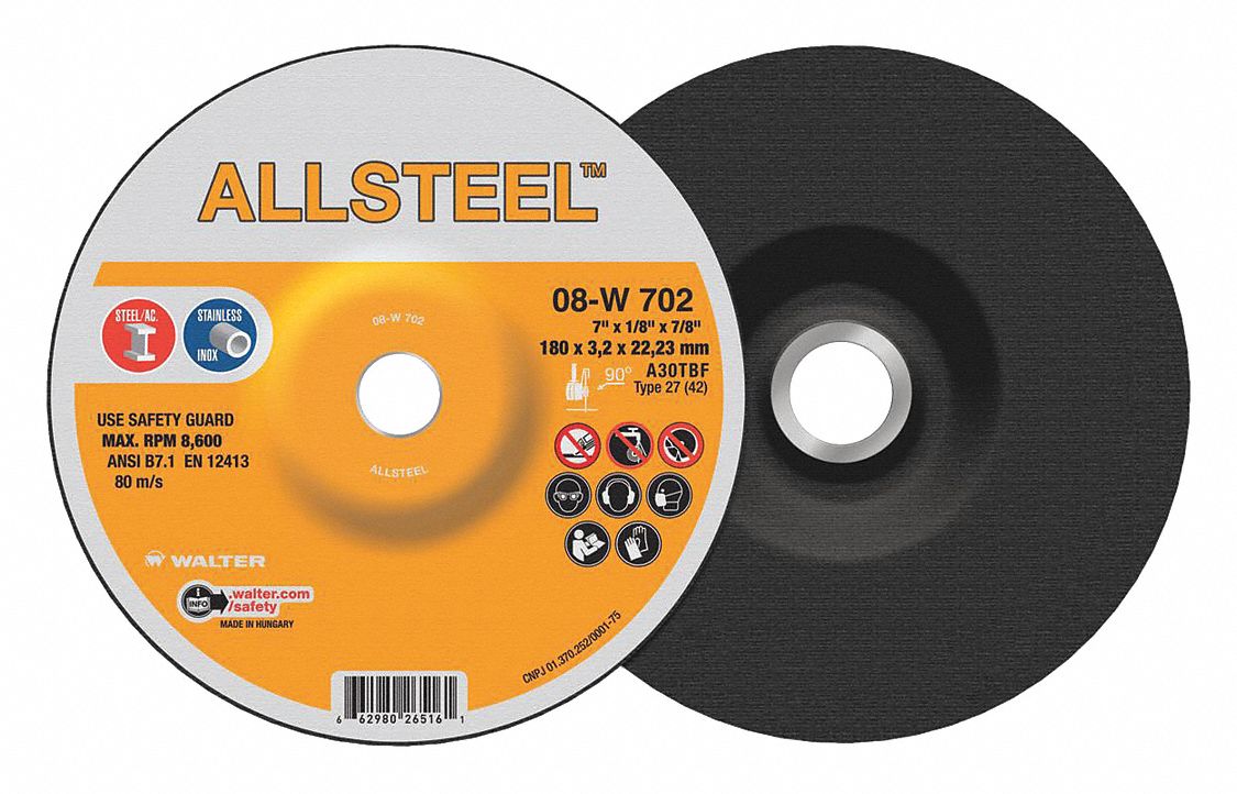 GRINDING WHEEL, TYPE 27, 30 GRIT, 8,600 RPM, 7 X 1/8 IN, 7/8 IN ARBOR, ALUMINUM OXIDE