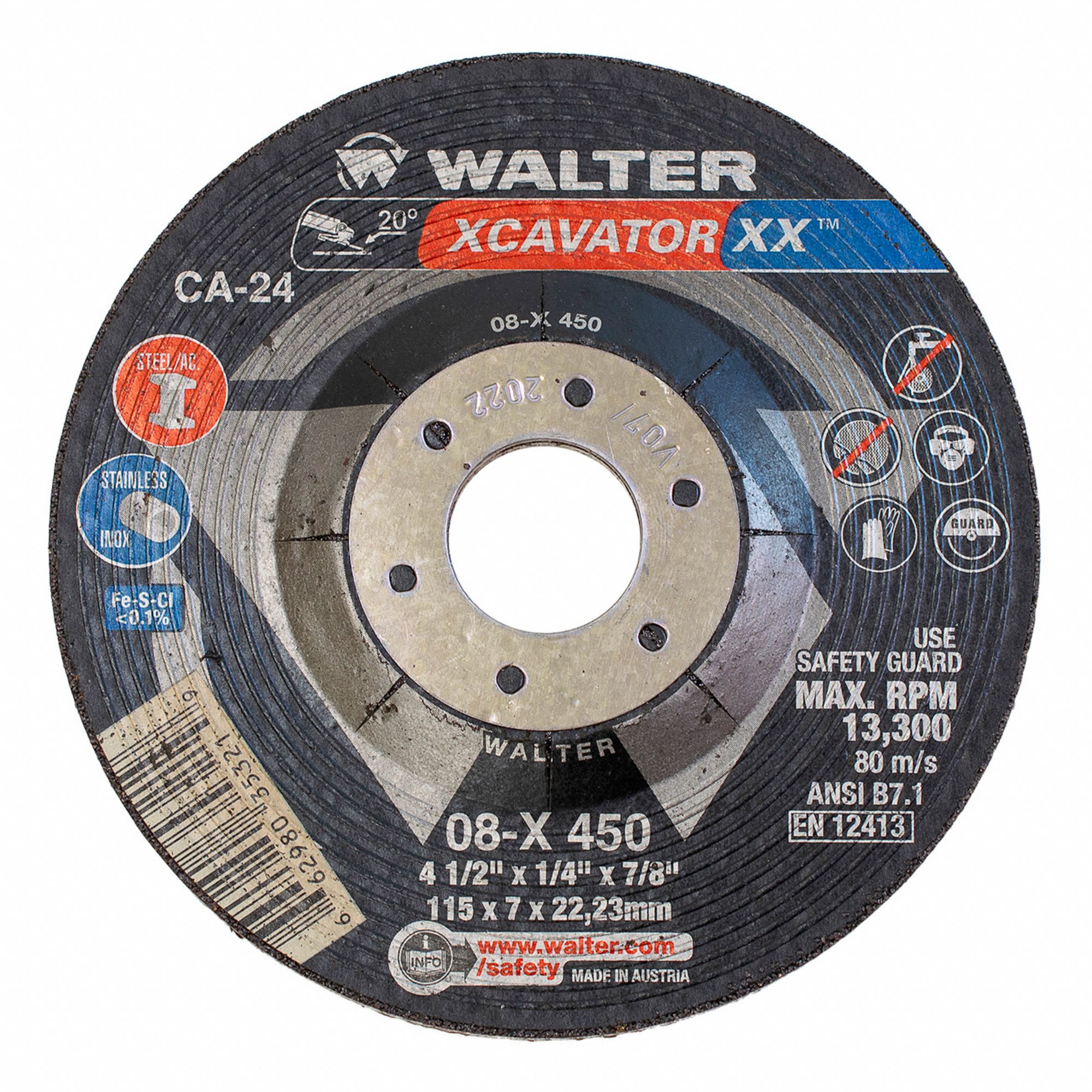 SURFACE GRINDING WHEEL, TYPE 27, 24 GRIT, GRADE CA-24, 13,300 RPM, 4 1/2 X 1/4 X 7/8 IN, CERAMIC