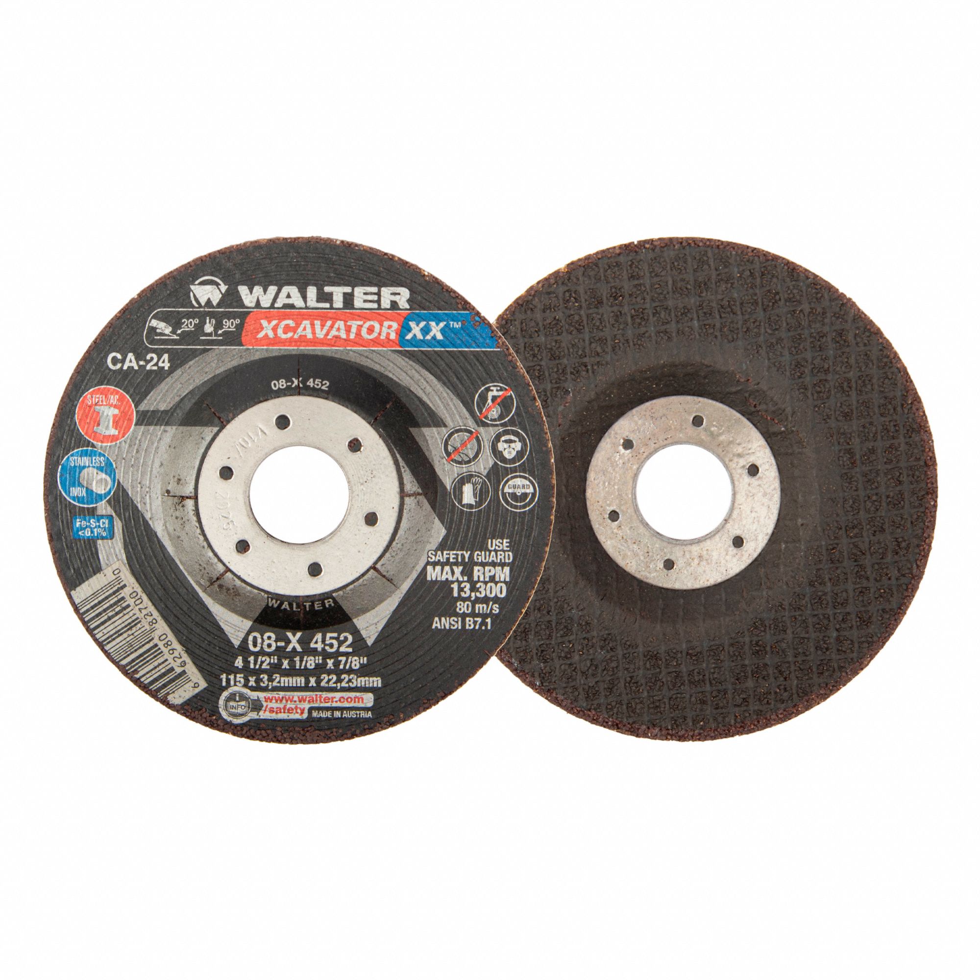 SURFACE GRINDING WHEEL, TYPE 27, 24 GRIT, GRADE CA-24, 13,300 RPM, 4 1/2 X 1/8 X 1/8 IN, CERAMIC