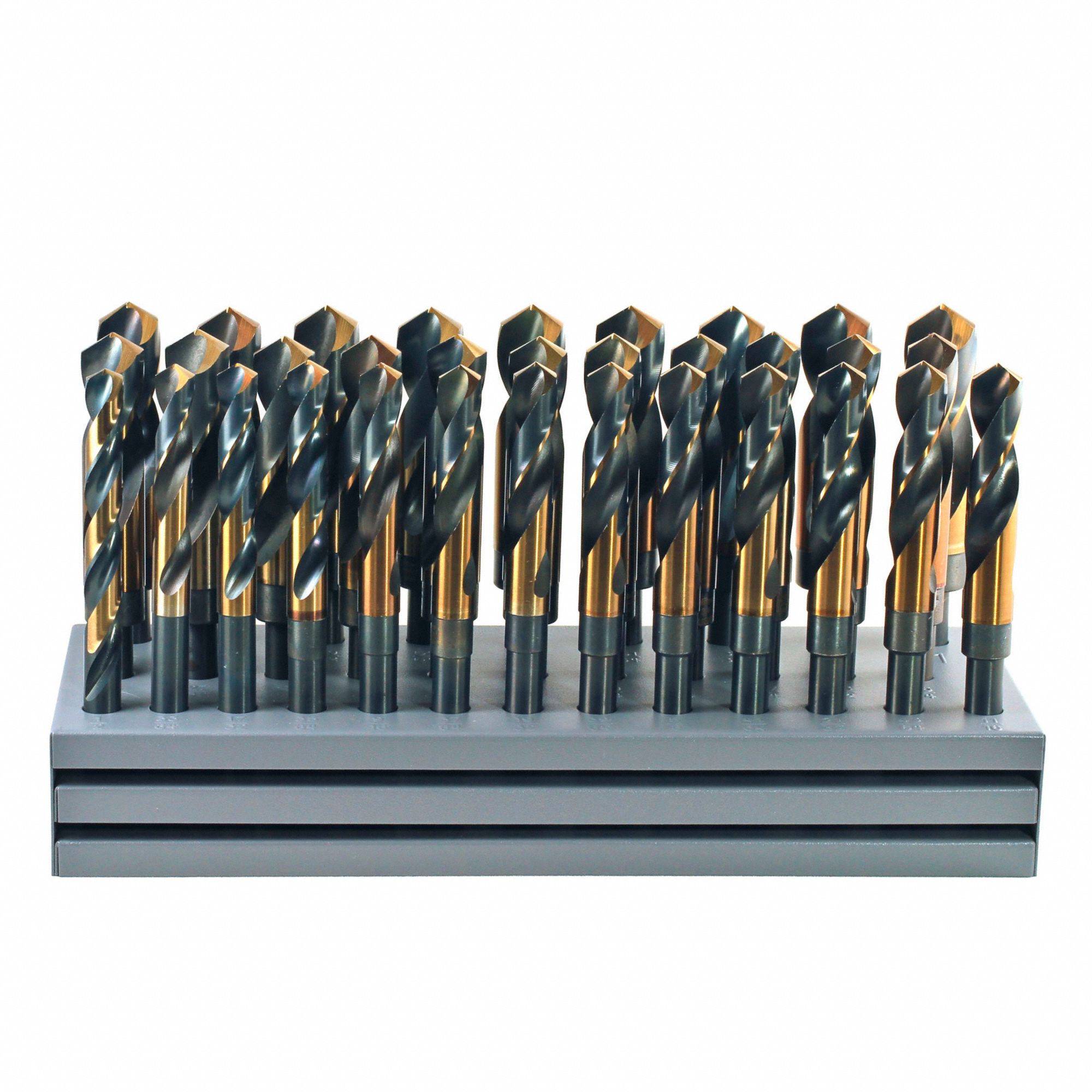 1000N REDUCED SHANK DRILL BIT SET, BLACK/GOLD, 118 ° , HSS, 1/2 TO 1 IN, 3 FLATS, 32 PC