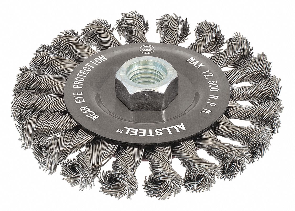 WHEEL BRUSH, KNOTTED WIRE, 5/8"-11 ARBOR, 1 IN BRISTLE TRIM, 5 IN BRUSH DIA/0.02 WIRE DIA, STEEL