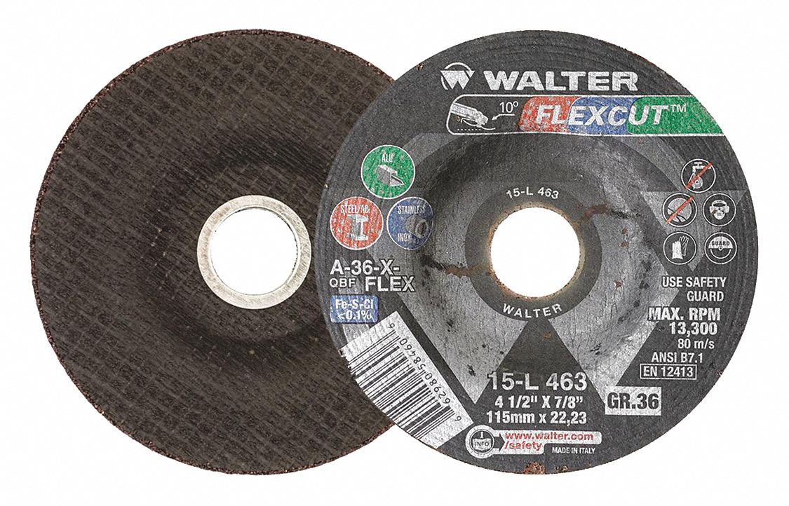 GRINDING WHEEL, TYPE 29, 36 GRIT, 13,300 RPM, 4 1/2 IN, 7/8 IN ARBOR, ALUMINUM OXIDE