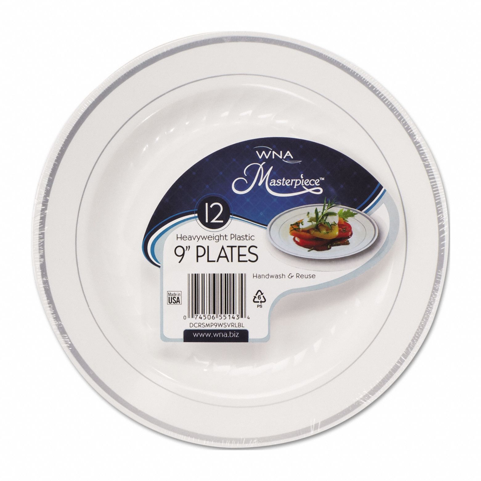 Disposable Plastic Plate: White/Silver, Heavy-Wt, 9 in Disposable Plate Size, 120 PK