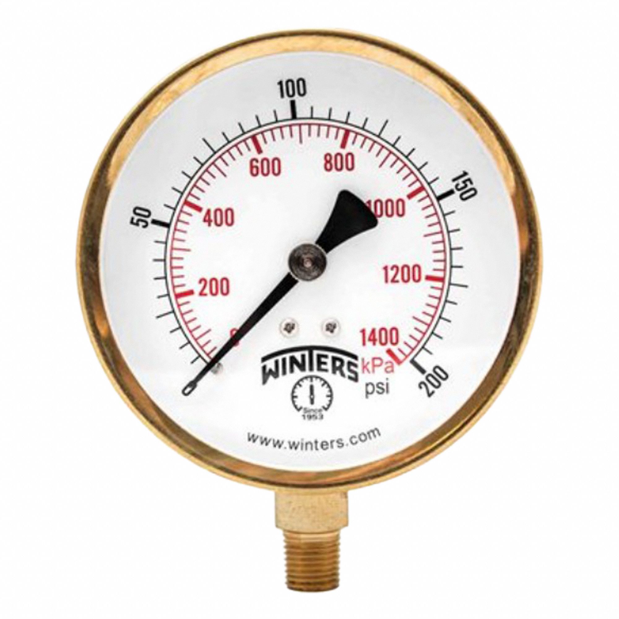 MANOMÈTRE,MONTAGE PAR LE BAS,0-200LB/PO2/KPA,1/4 PO NPT,TLE DU CADRAN 3 1/2 PO