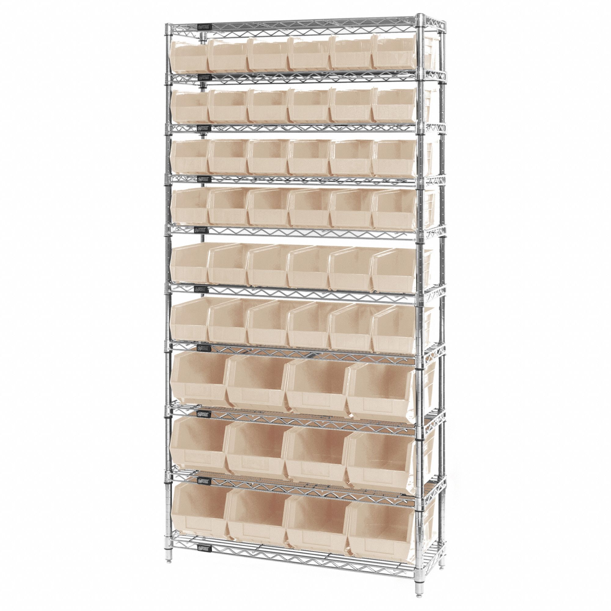Shelving Unit: 36 in x 14 in x 74 in, 48 Bins, 10 Shelves, Open, White