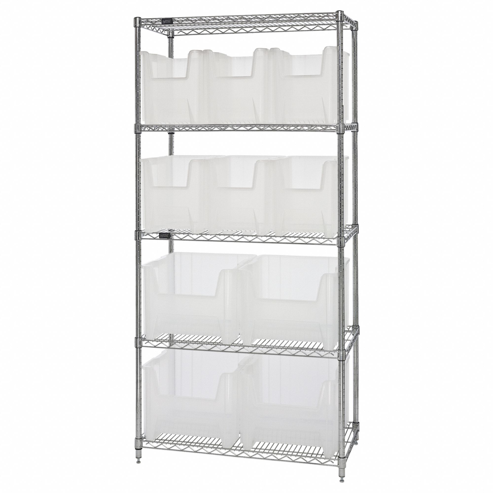 Shelving Unit: 36 in x 18 in x 74 in, 10 Bins, 5 Shelves, Clear