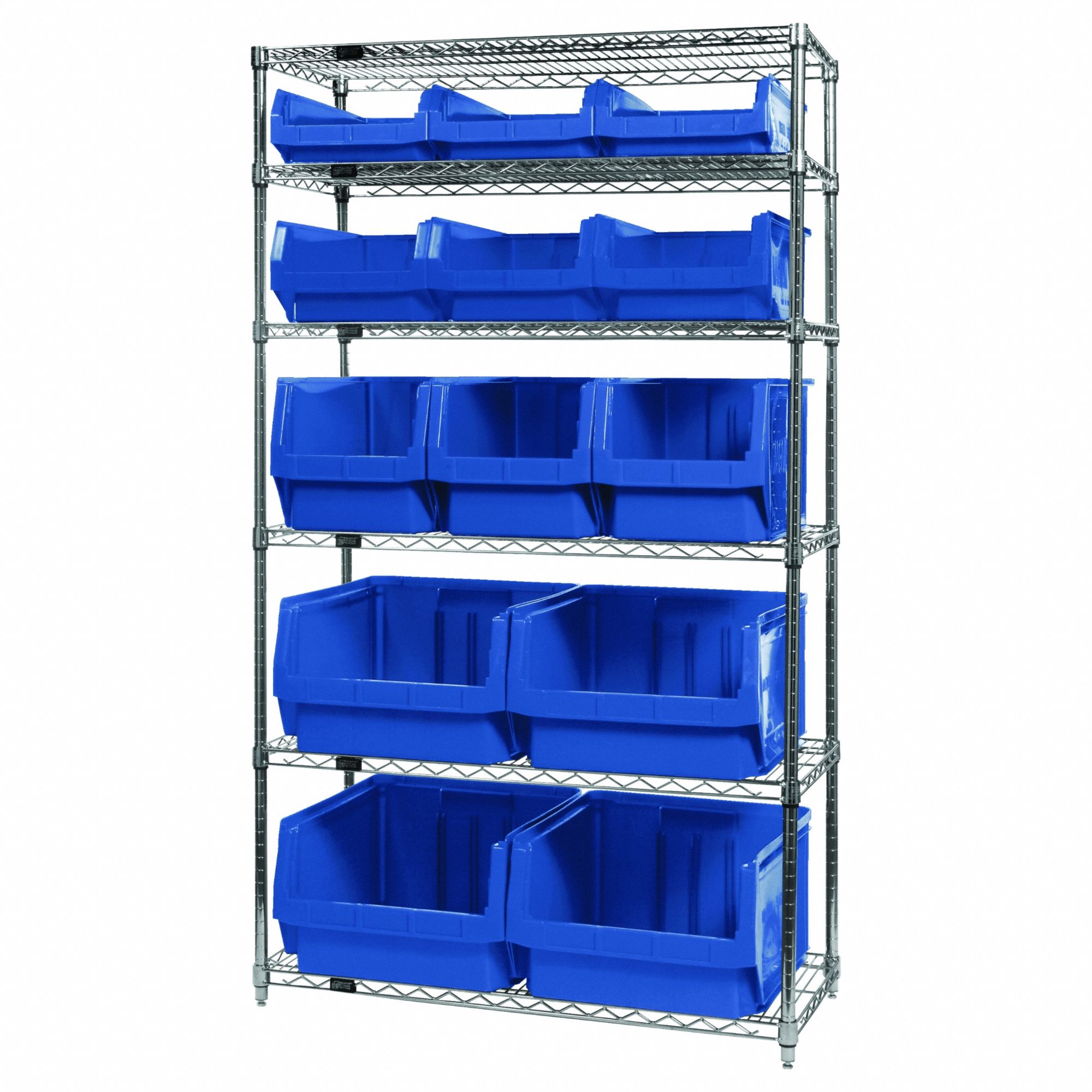 Shelving Unit: 42 in x 18 in x 74 in, 13 Bins, 6 Shelves, Blue