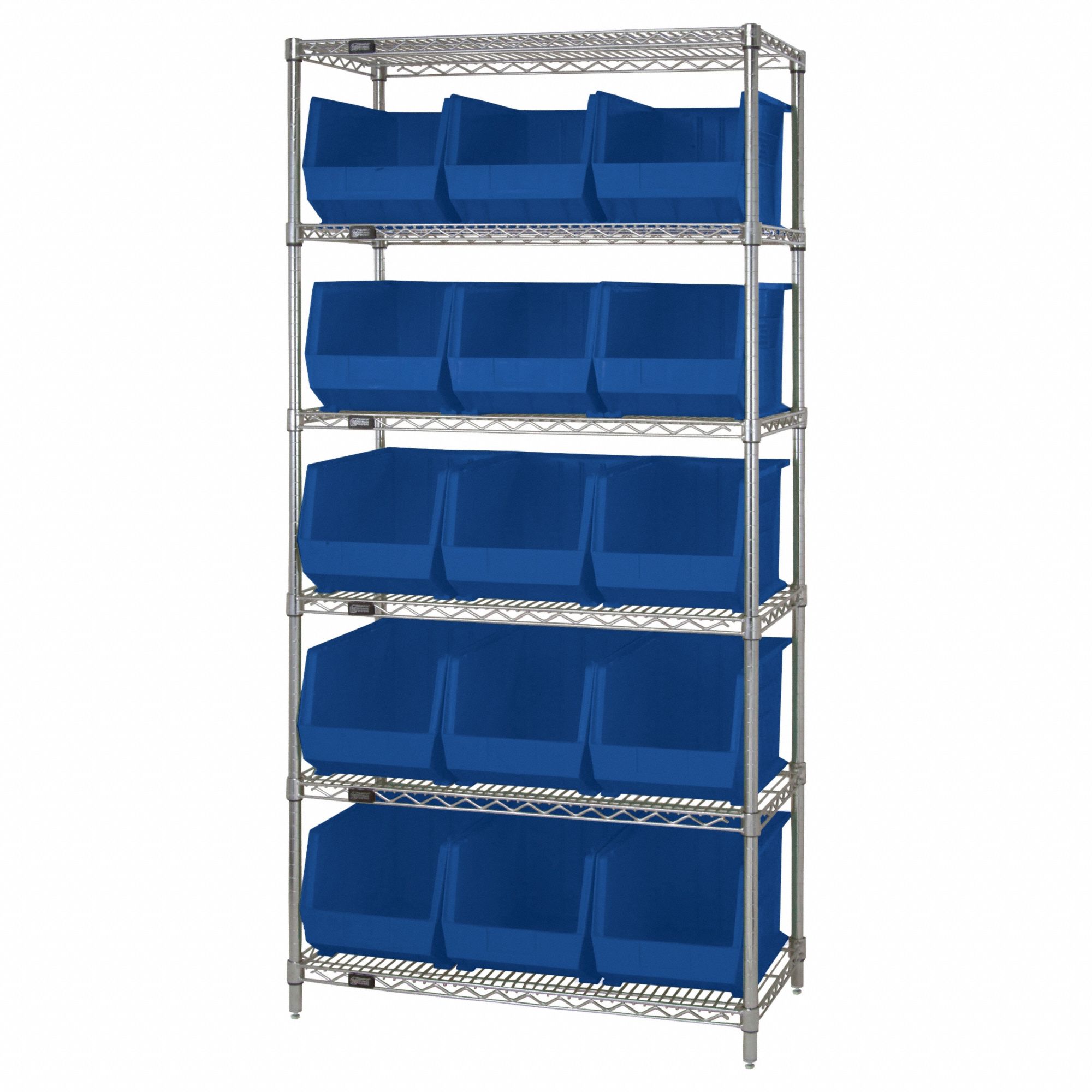 Shelving Unit: 36 in x 18 in x 74 in, 15 Bins, 6 Shelves, Open, Hopper Bin