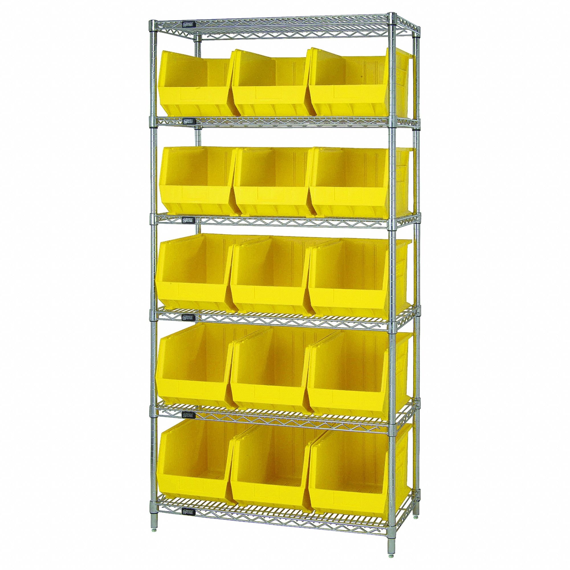 Shelving Unit: 36 in x 18 in x 74 in, 15 Bins, 6 Shelves, Open, Hopper Bin