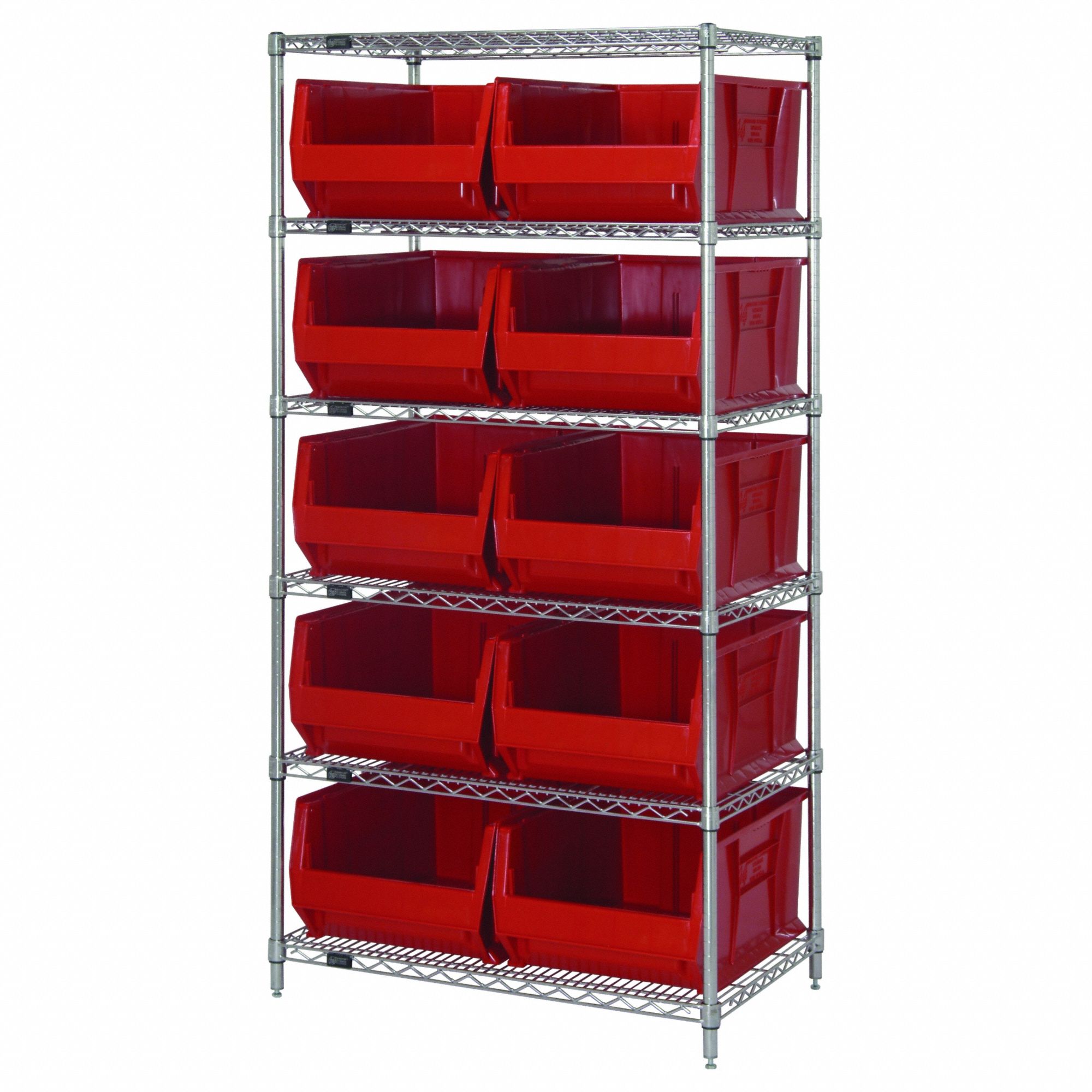 Shelving Unit: 36 in x 24 in x 74 in, 10 Bins, 6 Shelves, Shelf Bin, Red