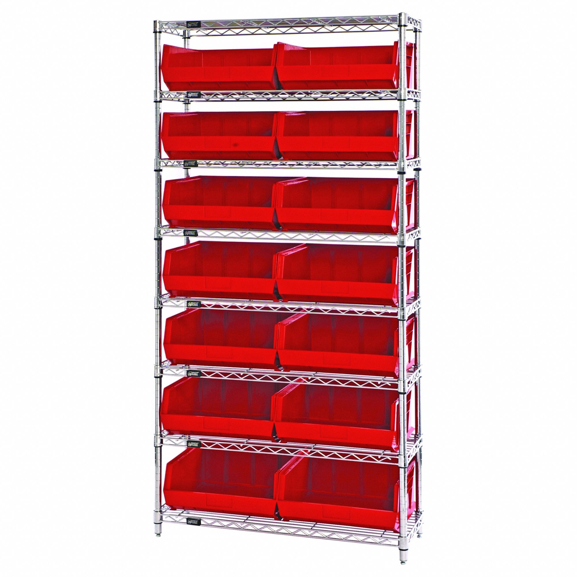 Shelving Unit: 36 in x 14 in x 74 in, 14 Bins, 8 Shelves, Open, Red