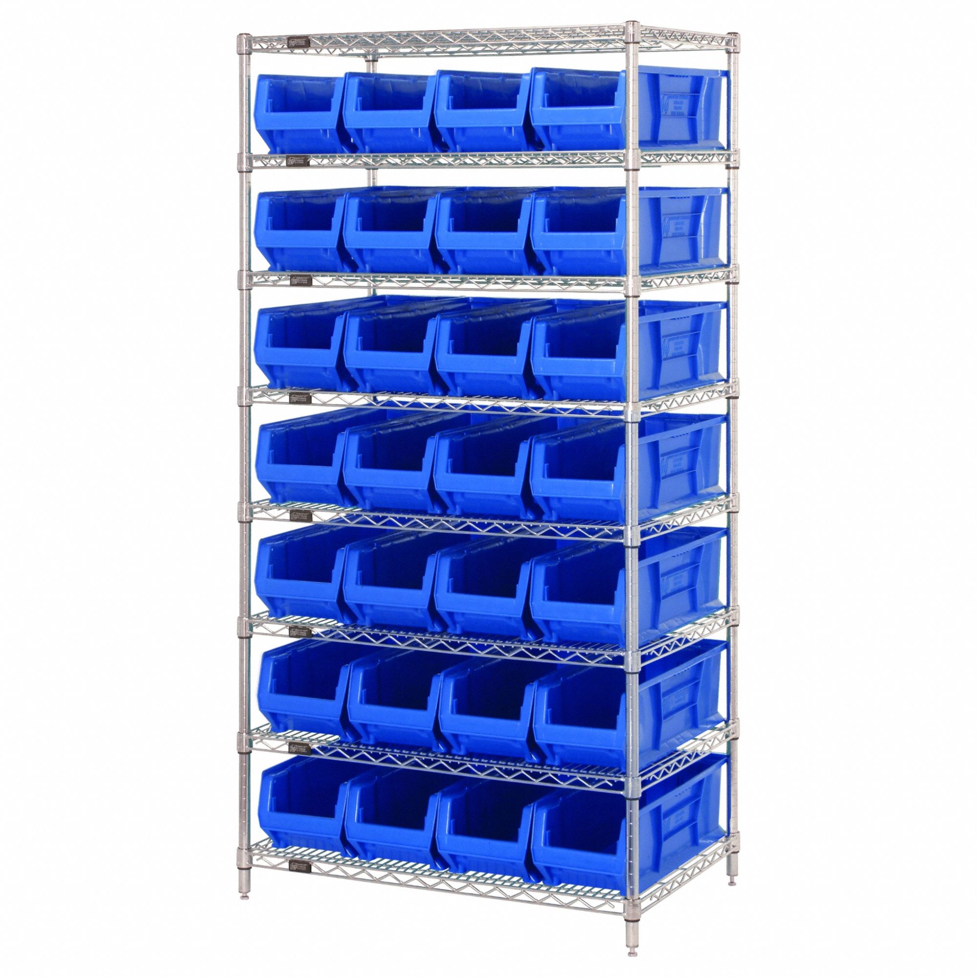 Shelving Unit: 36 in x 24 in x 74 in, 28 Bins, 8 Shelves, Shelf Bin, Blue