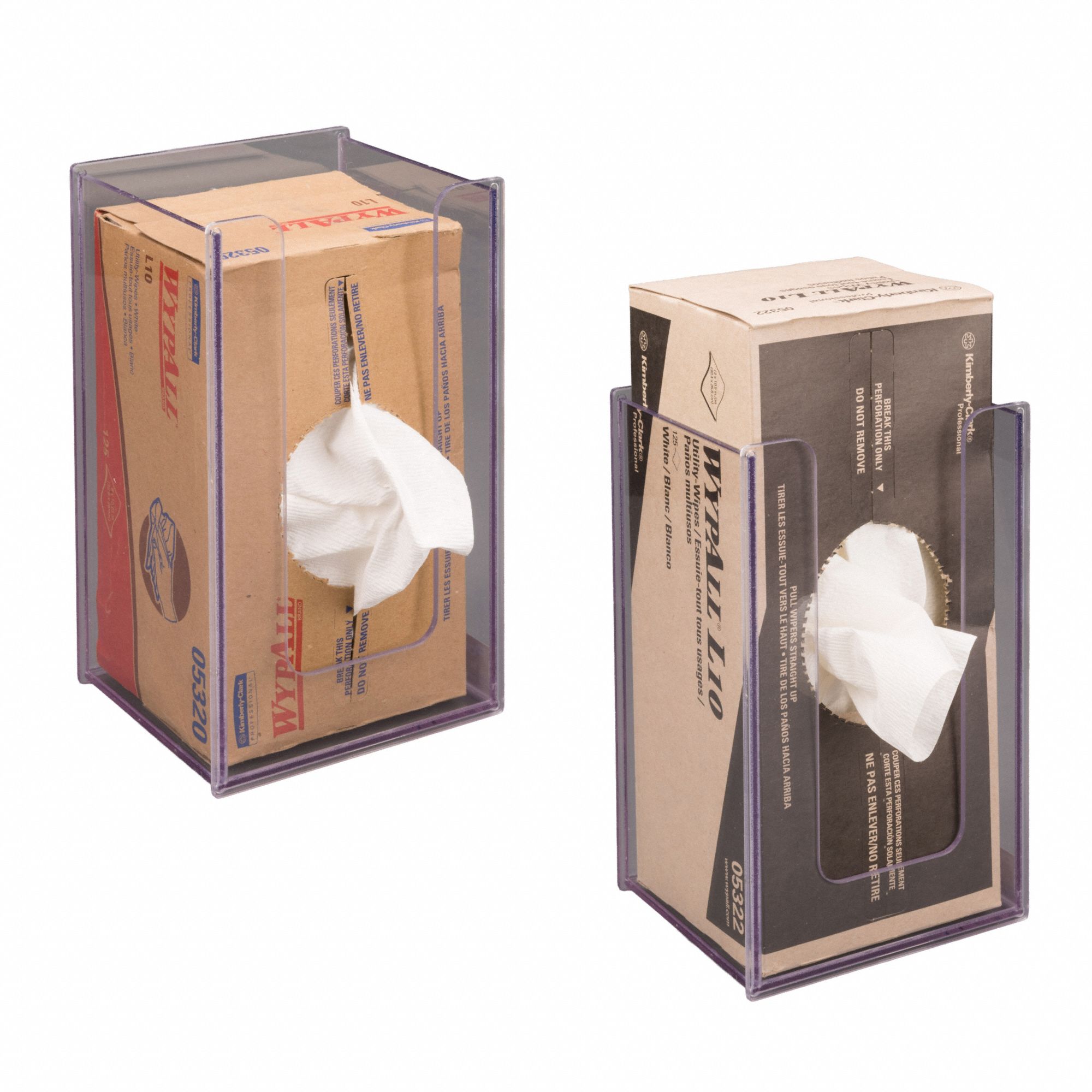 Lab Wypall Holder: 5 1/4 in Overall Wd, 10 in Overall Ht, 5 7/8 in Overall Lg, PETG, Clear, Wall (MPN WYPL10-M). Key specifications — Material: PETG; Mounting Location: Wall; Color: Clear; Product Type: Wipe Holder; Total Holding Capacity: Wypall Box; Brand: POLTEX.