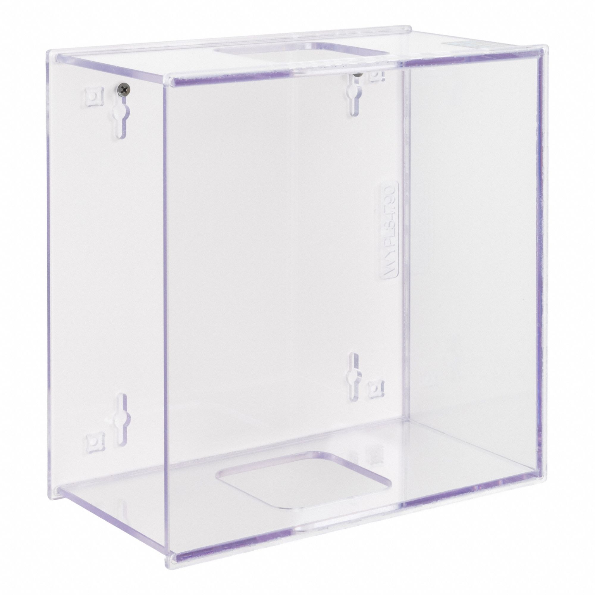 Lab Wypall Dispenser: 5 1/8 in Overall Wd, 9 7/8 in Overall Ht, 9 3/4 in Overall Lg, PETG, Clear (MPN WYPL34790-M). Key specifications — Material: PETG; Mounting Location: Wall; Color: Clear; Product Type: Wypall Dispenser; Total Holding Capacity: Wypall x60 #34790 Box of Wipes; Brand: POLTEX.