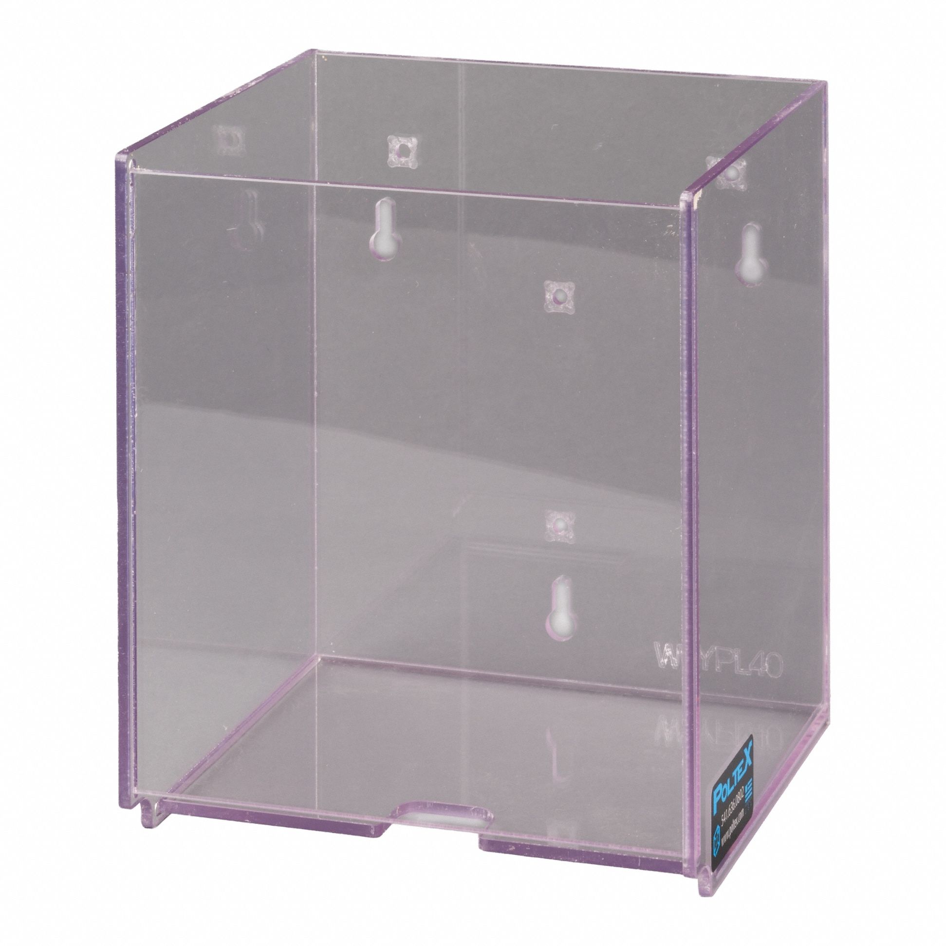 Lab Wypall Dispenser: 6 3/4 in Overall Wd, 8 1/8 in Overall Ht, 6 3/4 in Overall Lg, PETG, Clear (MPN WYPL40BK-M). Key specifications — Material: PETG; Mounting Location: Wall; Color: Clear; Product Type: Wypall Dispenser; Total Holding Capacity: Stack of Wypall L40-1/4 Fold Wipes; Brand: POLTEX.