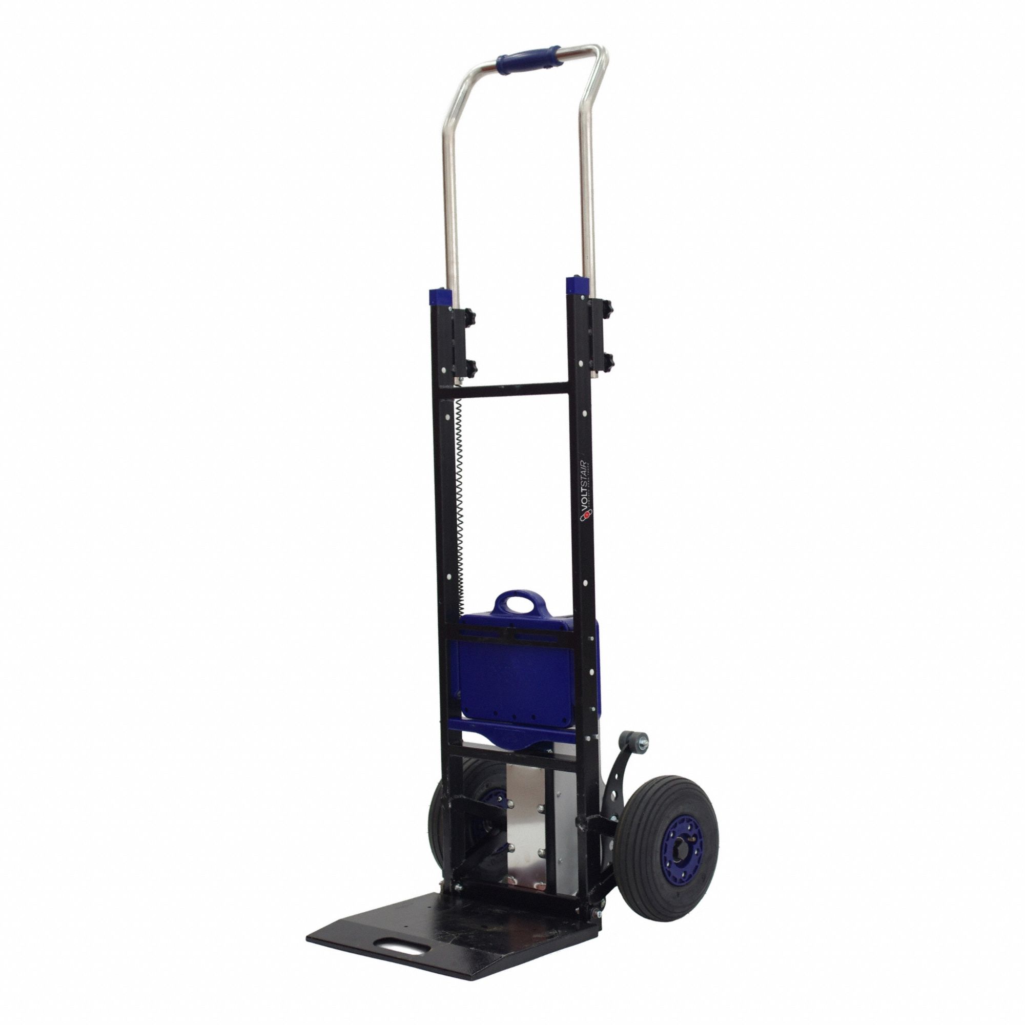 VOLTSTAIR Hand Truck Dolly: 375 lb Cap, Four-Position Extended, Aluminum/Steel, 10 in, Pneumatic (MPN X-CLIMB). Key specifications — Frame Type: Flat Back; Frame Material: Steel; Charge Time: 3 to 4hr; Brand: VOLTSTAIR.