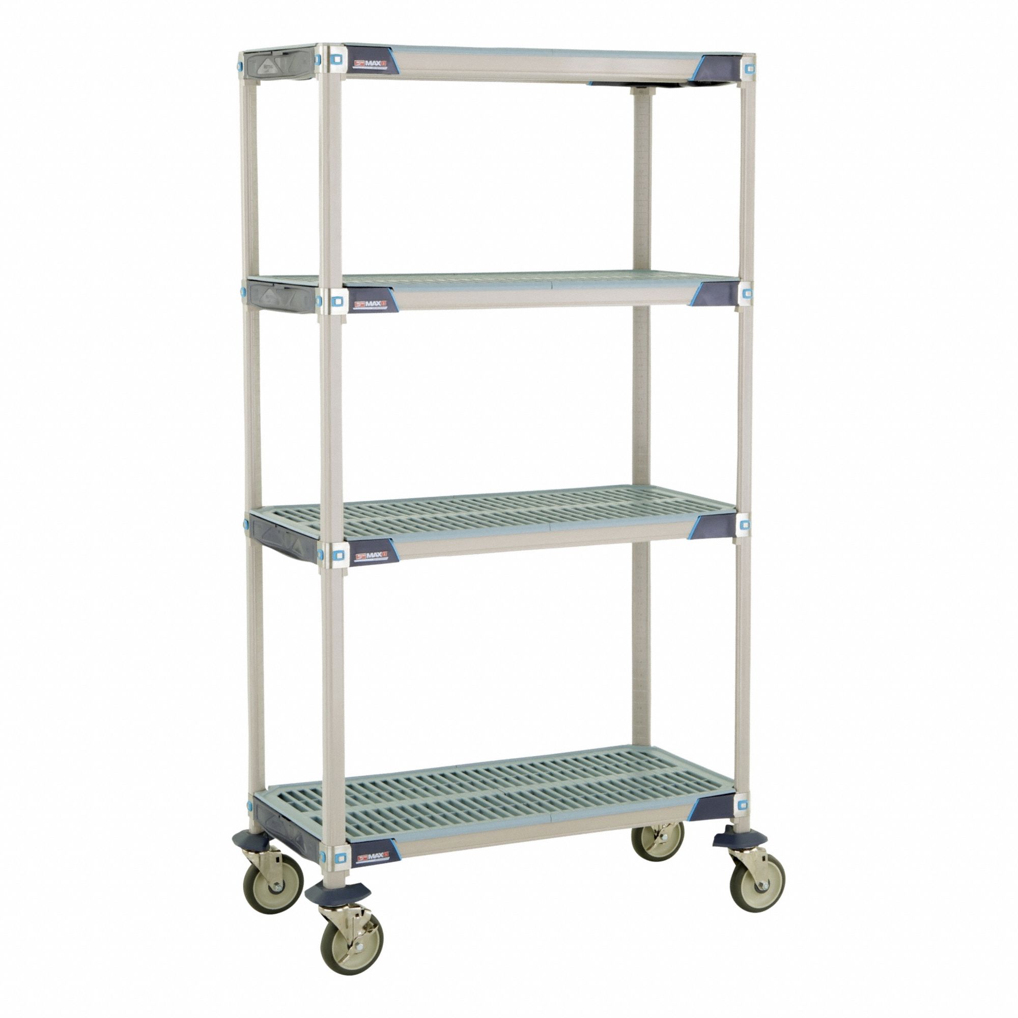 Utility Cart: 38 in x 20 in, 67 in Overall Ht, 4 Shelves, Antimicrobial/Corrosion-Resistant