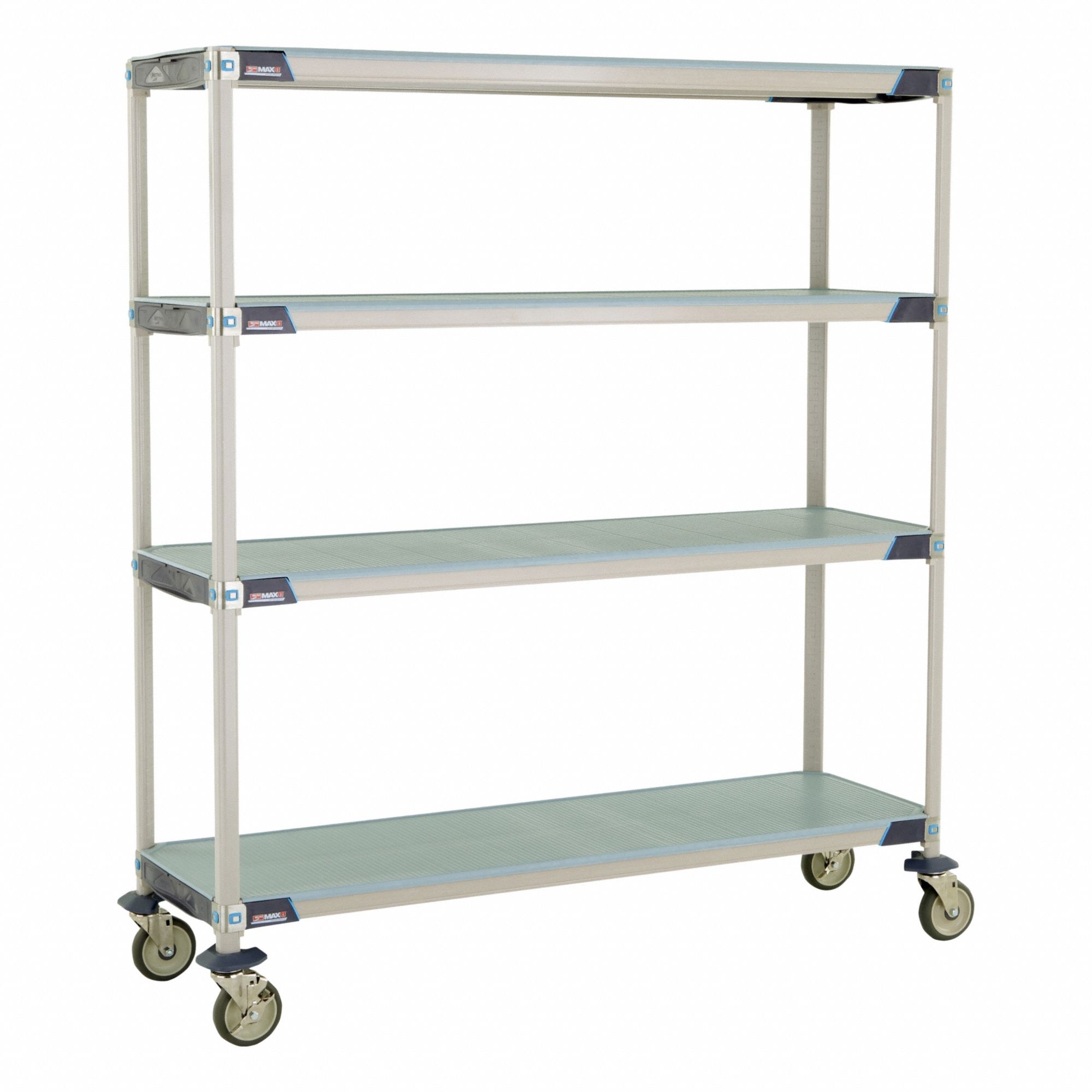 Utility Cart: 62 in x 20 in, 67 in Overall Ht, 4 Shelves, Antimicrobial/Corrosion-Resistant