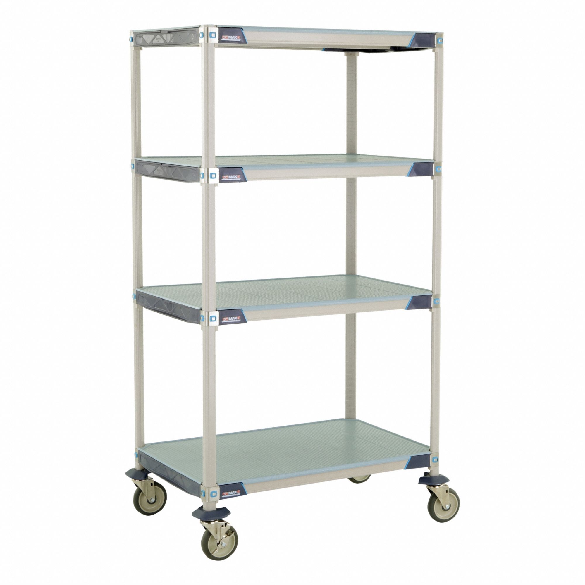 Utility Cart: 38 in x 26 in, 67 in Overall Ht, 4 Shelves, Antimicrobial/Corrosion-Resistant