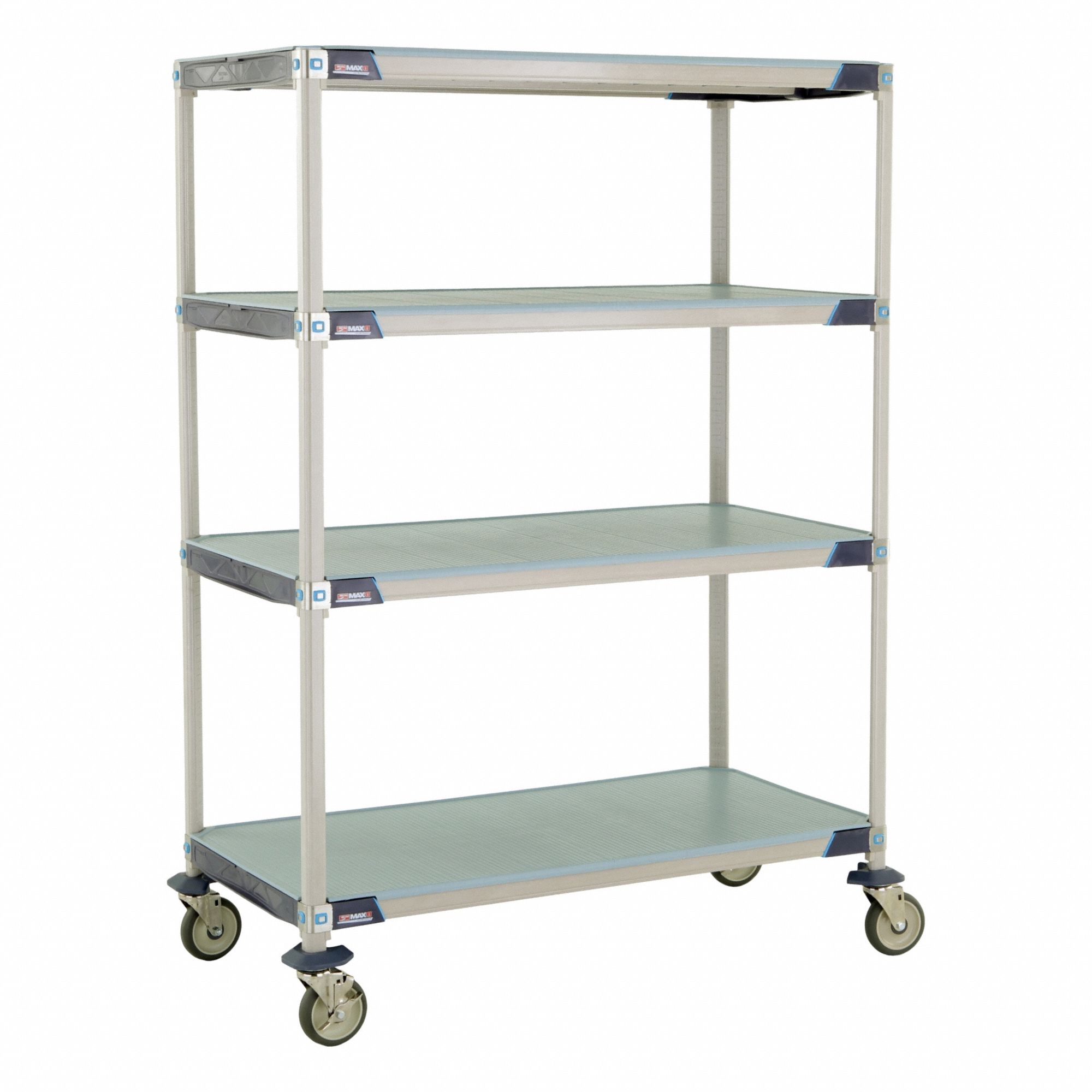 Utility Cart: 50 in x 26 in, 67 in Overall Ht, 4 Shelves, Antimicrobial/Corrosion-Resistant