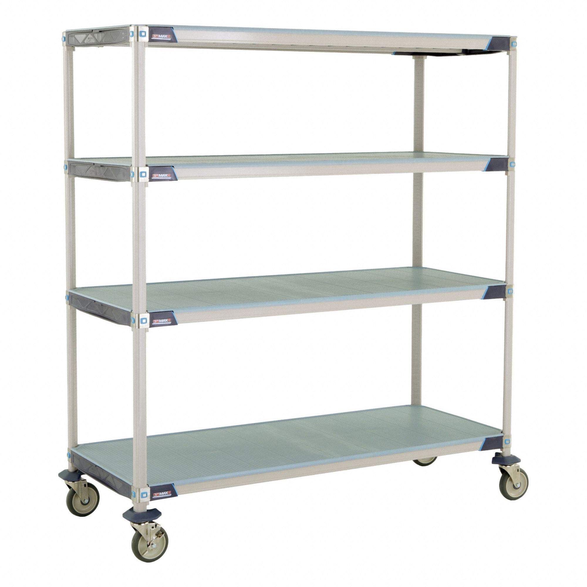 Utility Cart: 62 in x 26 in, 67 in Overall Ht, 4 Shelves, Antimicrobial/Corrosion-Resistant