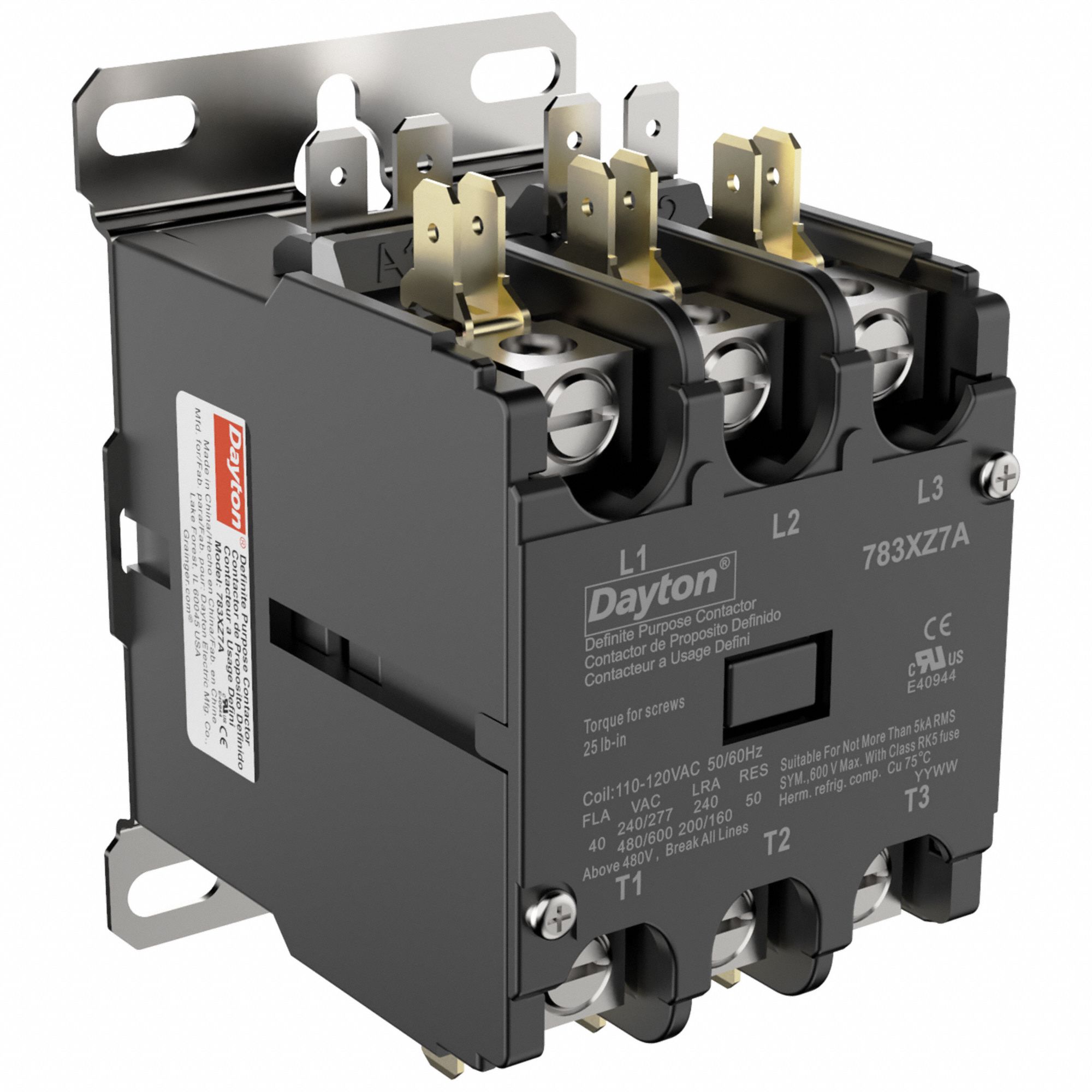 Definite Purpose Magnetic Contactor: 3 Poles, 120V AC, 40 A, Non-Reversing