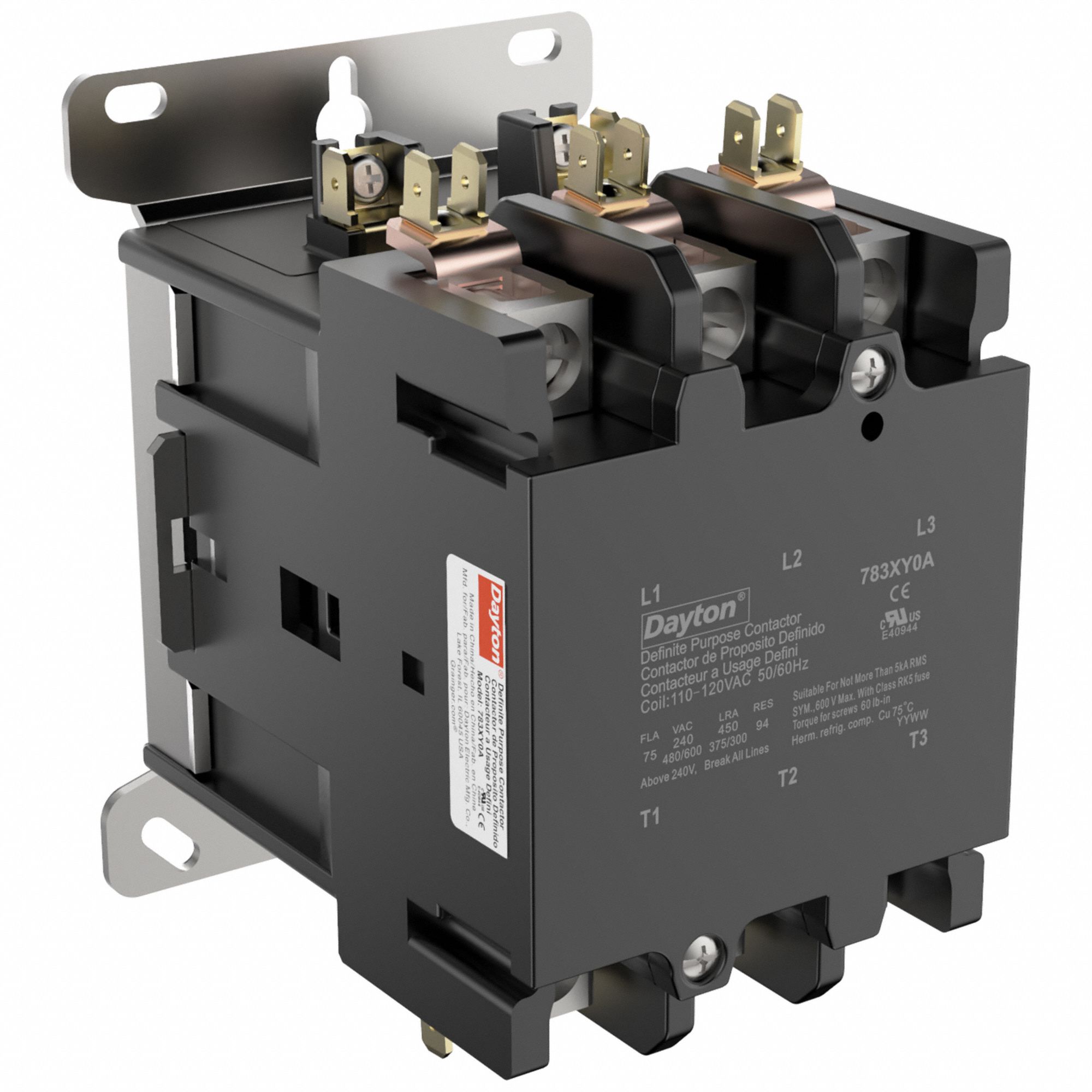 Definite Purpose Magnetic Contactor: 3 Poles, 120V AC, 75 A, Non-Reversing