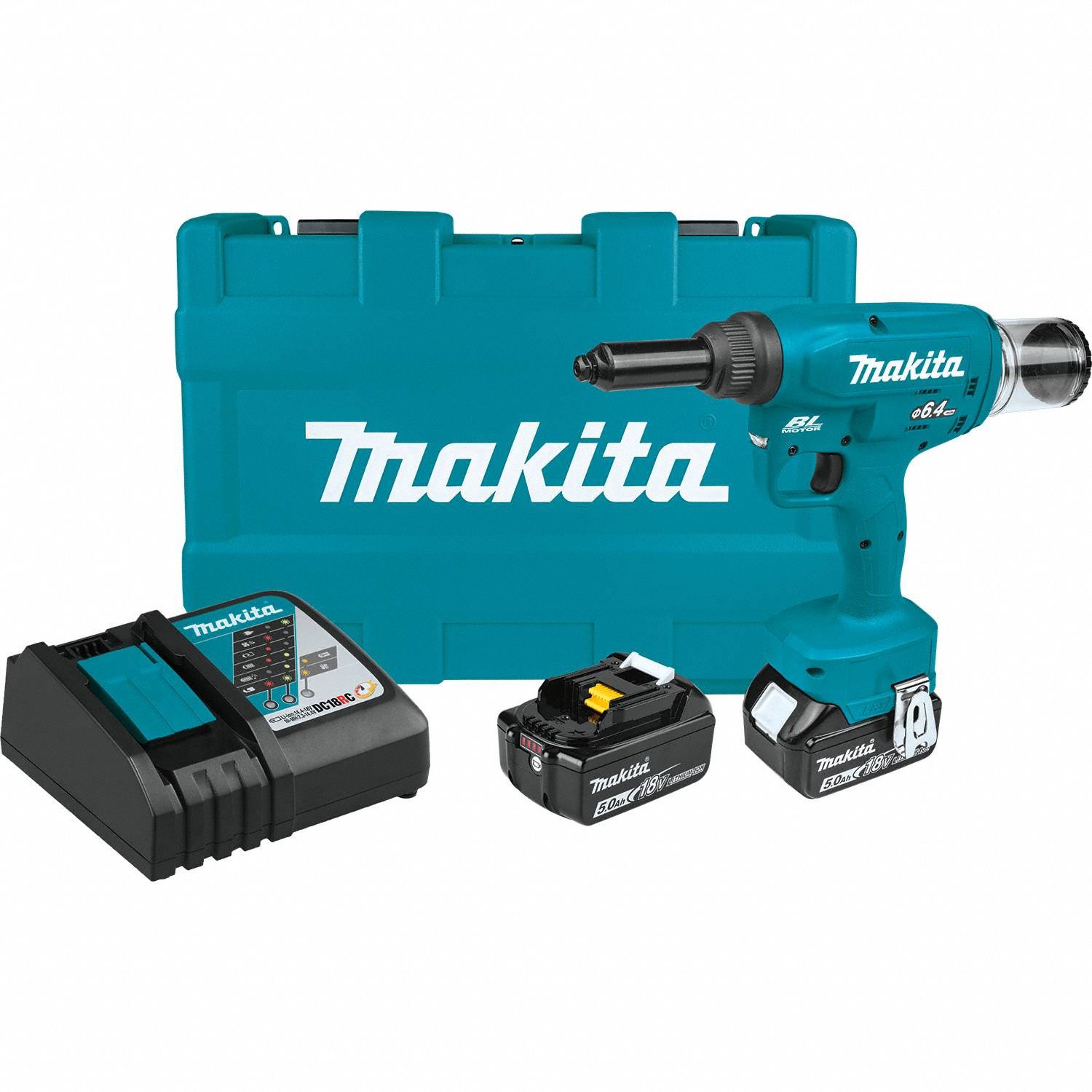 Rivet Tool: 2 Batteries, 1 Charger, 30 mm Stroke Lg, 20 kN Pulling Force, (2) 5.0 Ah, LXT®