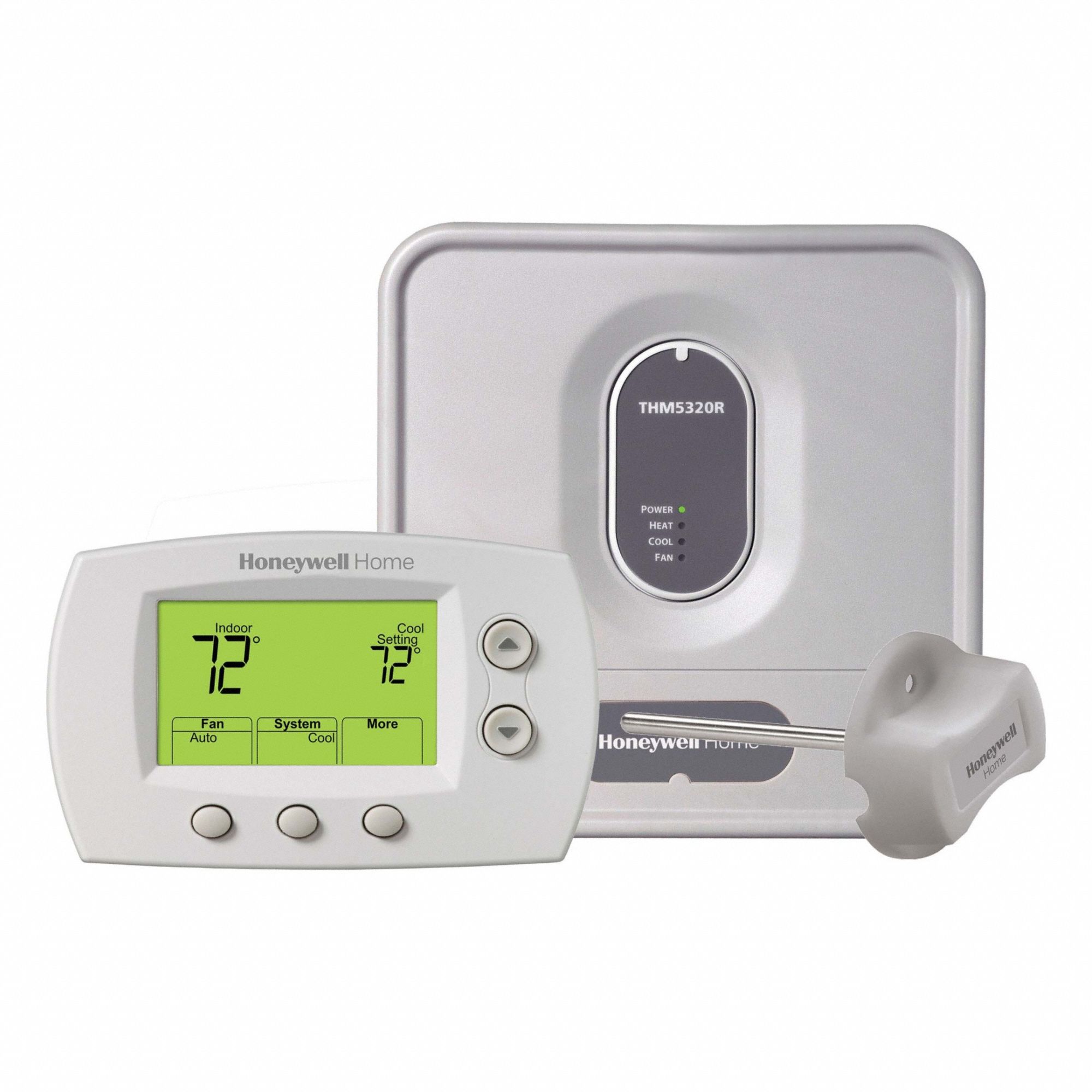 HONEYWELL HOME Wireless Thermostat: Heat and Cool, Auto and Manual, Auto, Horizontal, Rectangle, 1°F (MPN YTH5320R1000). Key specifications — Application: Heat and Cool; Key Features: Equipment Interface Module; Temperature Differential: 1 °F; Voltage: 20 to 30V AC; Terminal Designations: R; System Settings: Auto-Cool-Emergency Heat-Heat-Off; Temperature Control Range: 32° to 120°F; Changeover Type: Automatic and Manual.