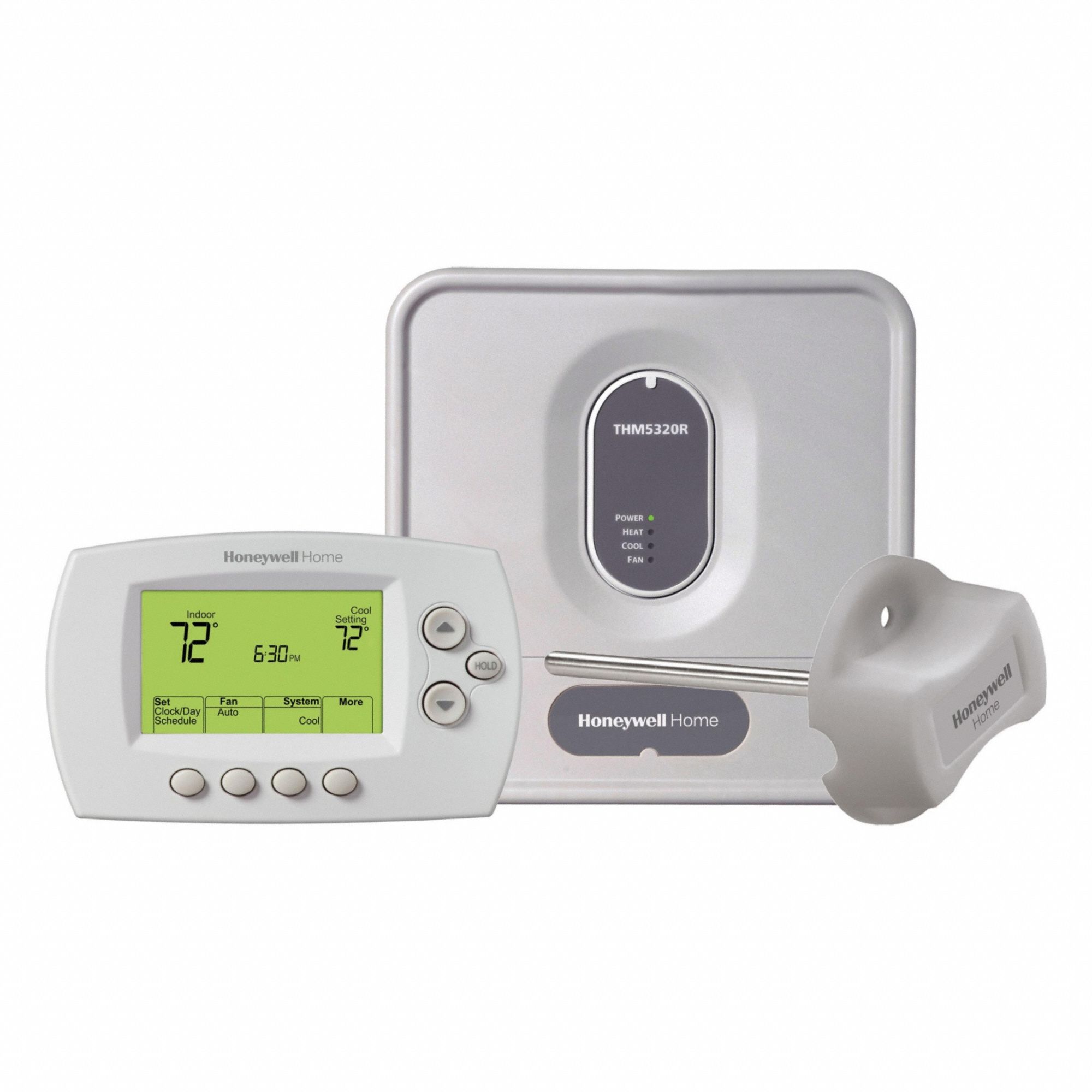HONEYWELL HOME Wireless Thermostat Kit: Heat and Cool, Auto, 5-1-1/5-2, Horizontal, Rectangle (MPN YTH6320R1001). Key specifications — Application: Heat and Cool; Stages: 2H/2C Conventional, 3H/2C Heat Pump; Programming Capability: 5-2; Shape: Rectangle; Terminal Designations: Y2; Temperature Control Range: 40° to 99°F; Changeover Type: Automatic; Brand: HONEYWELL HOME.