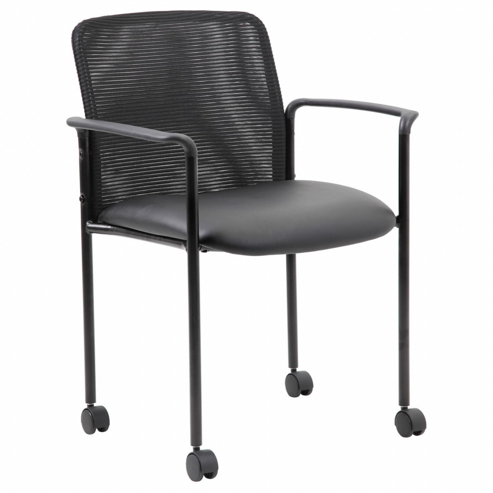 Stacking Chair: Faux Leather & Mesh Seat, Mesh, Steel Frame, Seat Color Black, Fixed Arms, Mesh