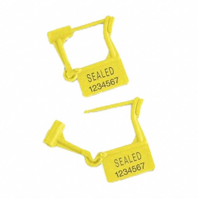 Padlock Seals: Plastic, 2 in L x 15/16 in W, Yellow, 8 lb Breaking Strength, Hot Stamped, 1, 000 PK