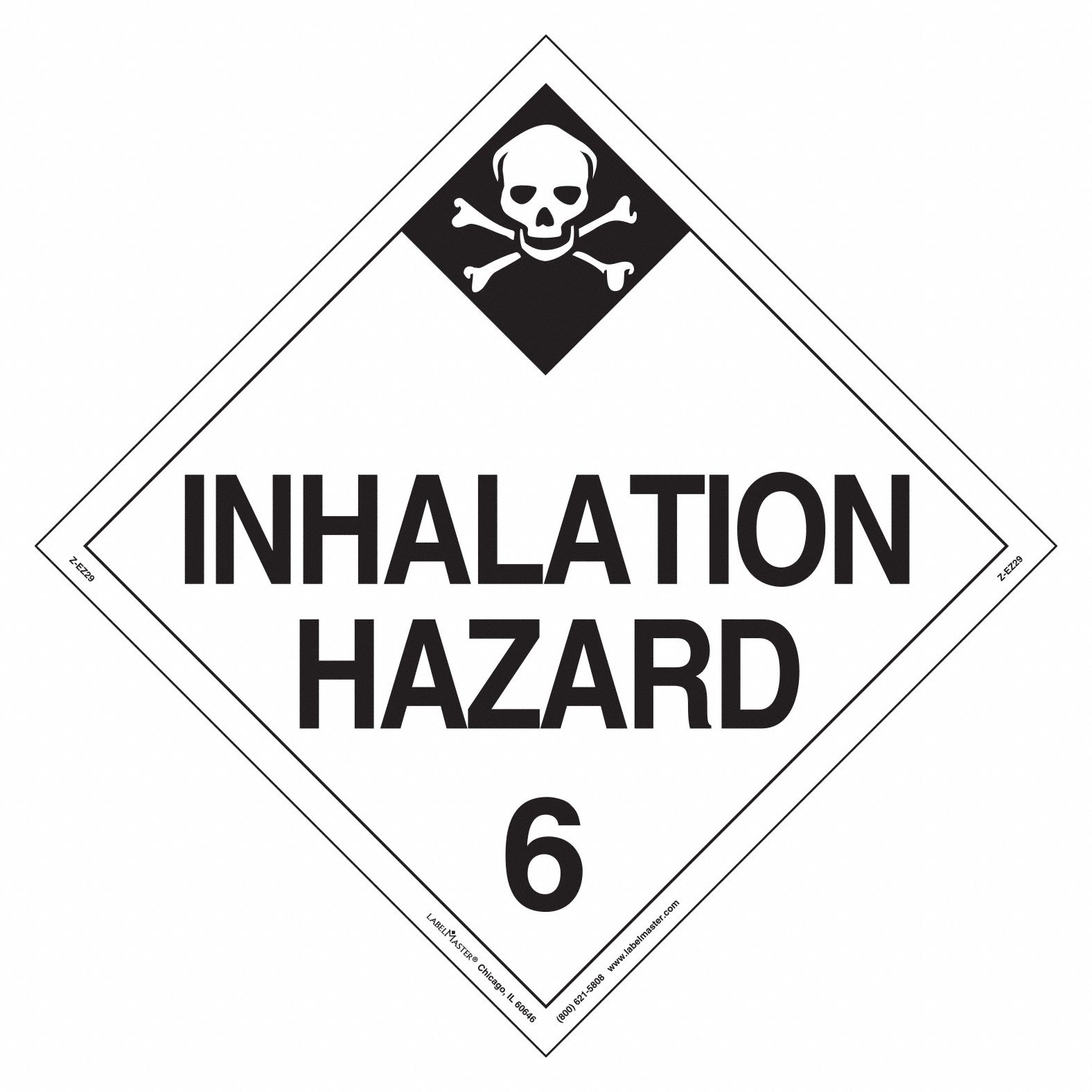 Inhalation Hazard Placard: Inhalation Hazard 6, 10 3/4 in x 10 3/4 in, Vinyl, 25 PK