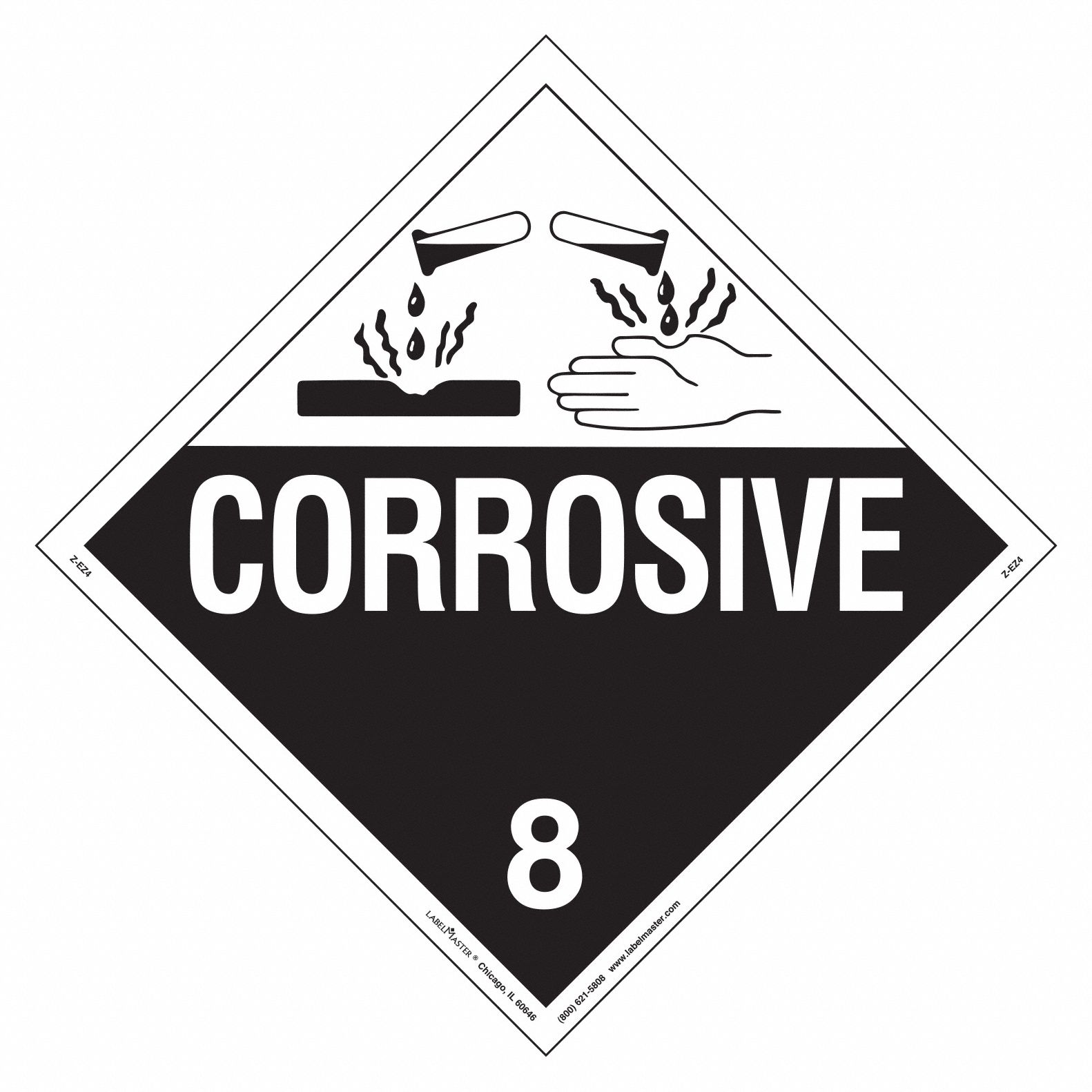 Corrosive Placard: Corrosive, 10 3/4 in x 10 3/4 in, 10 3/4 in Label Ht, Vinyl, 25 PK