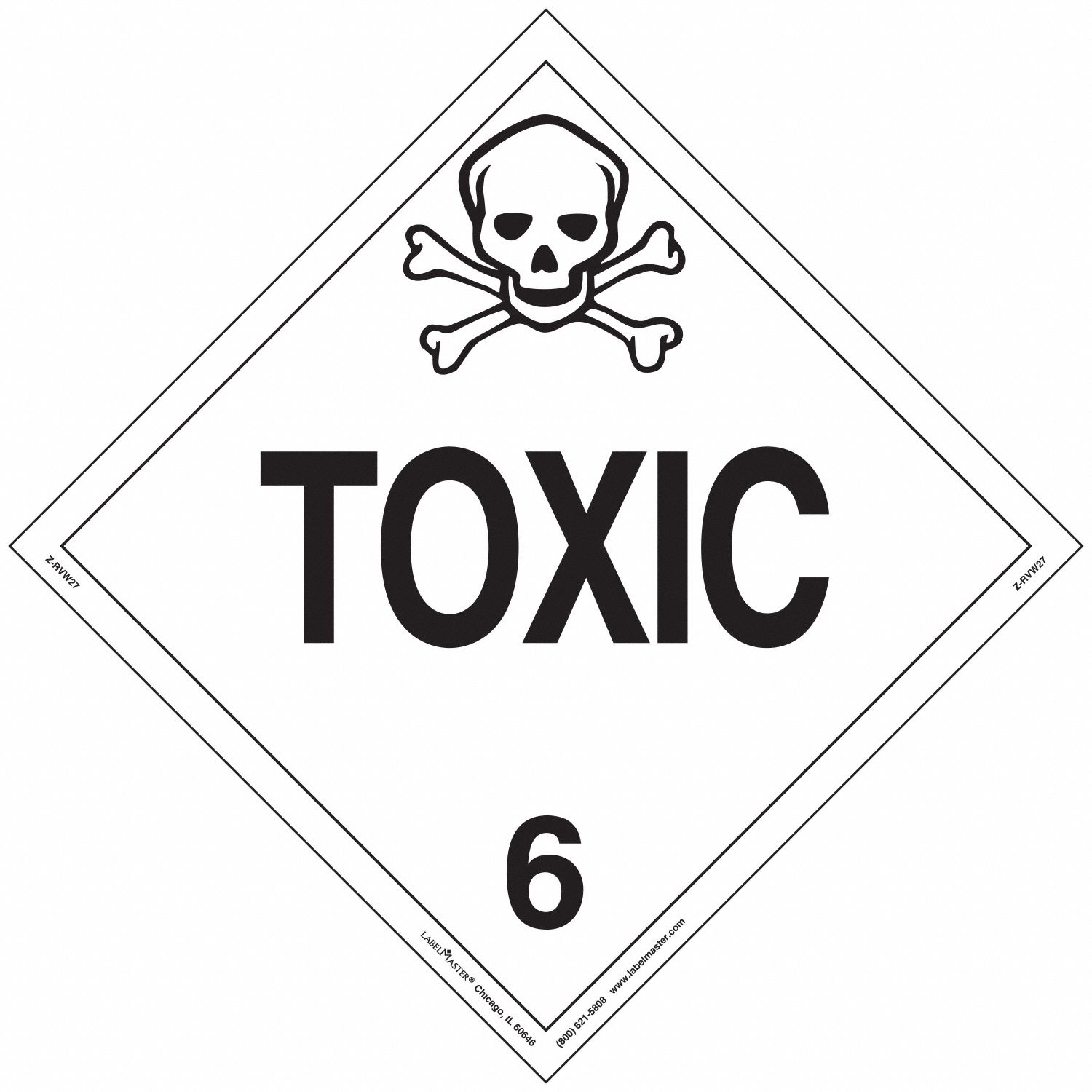 Toxic Placard: Toxic, 10 3/4 in x 10 3/4 in, 10 3/4 in Label Ht, Vinyl, 25 Labels, 25 PK