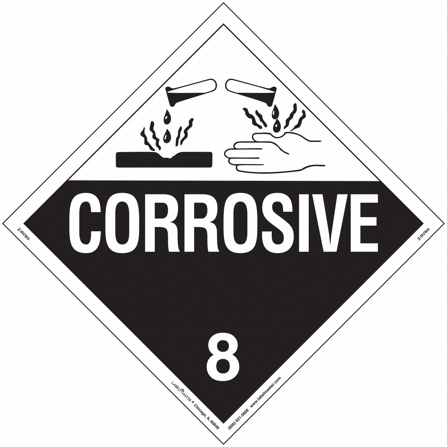 Corrosive Placard: Corrosive, 10 3/4 in x 10 3/4 in, 10 3/4 in Label Ht, Vinyl, 25 PK