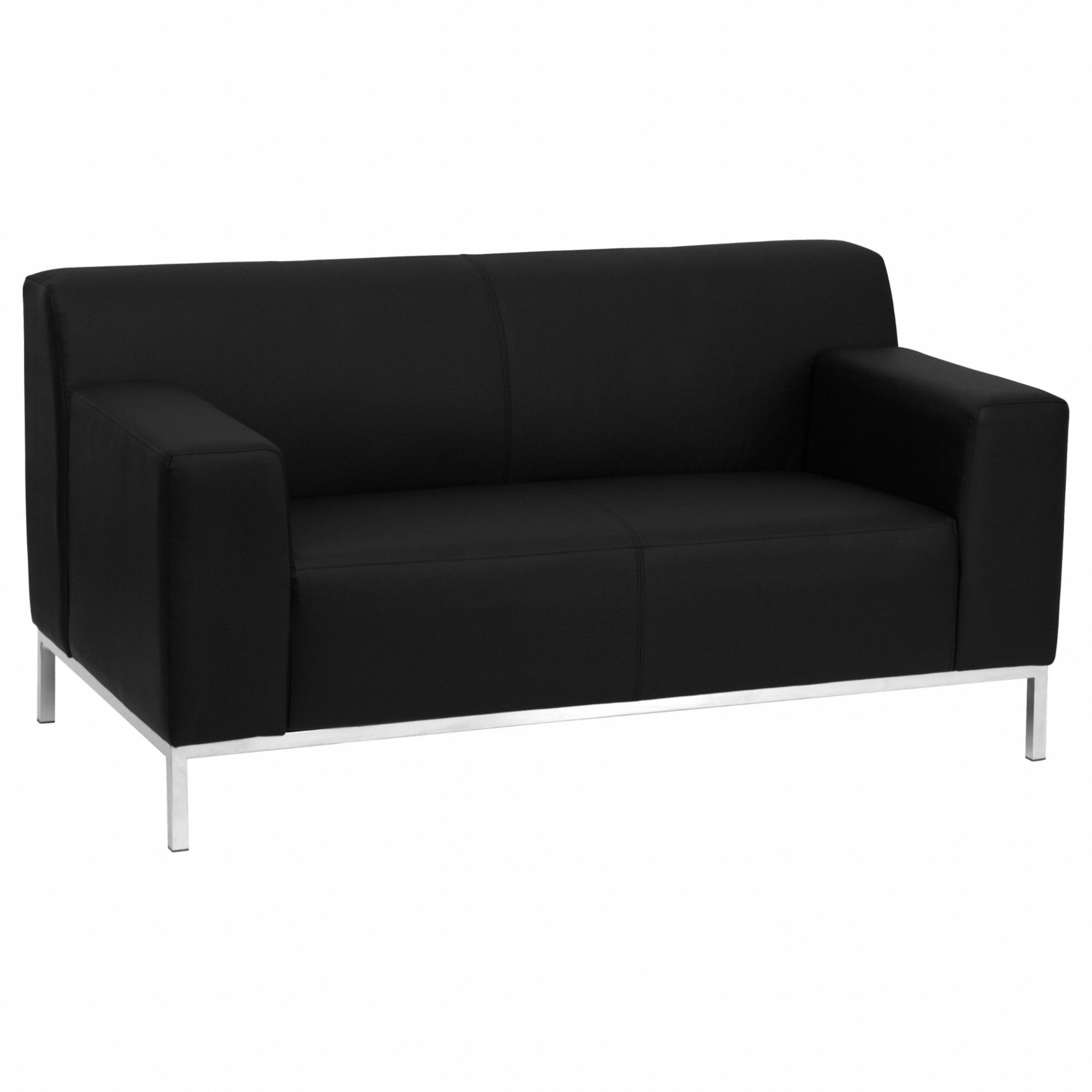 Sofa: Black, Gray, Faux Leather, Metal, 42 1/2 in Seat Wd, 21 in Seat Dp