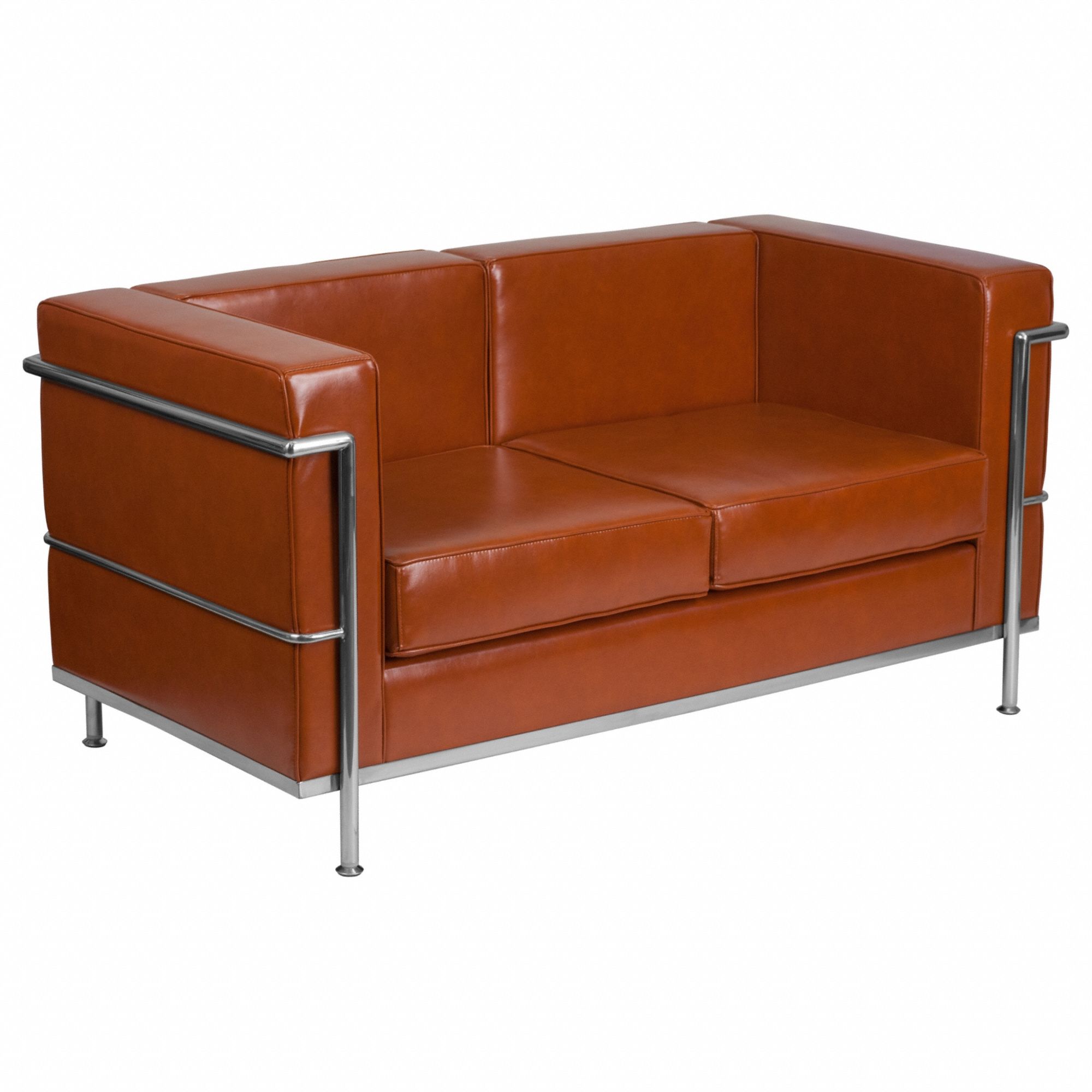 Sofa: Brown, Gray, Faux Leather, Metal, 43 1/2 in Seat Wd, 21 1/4 in Seat Dp