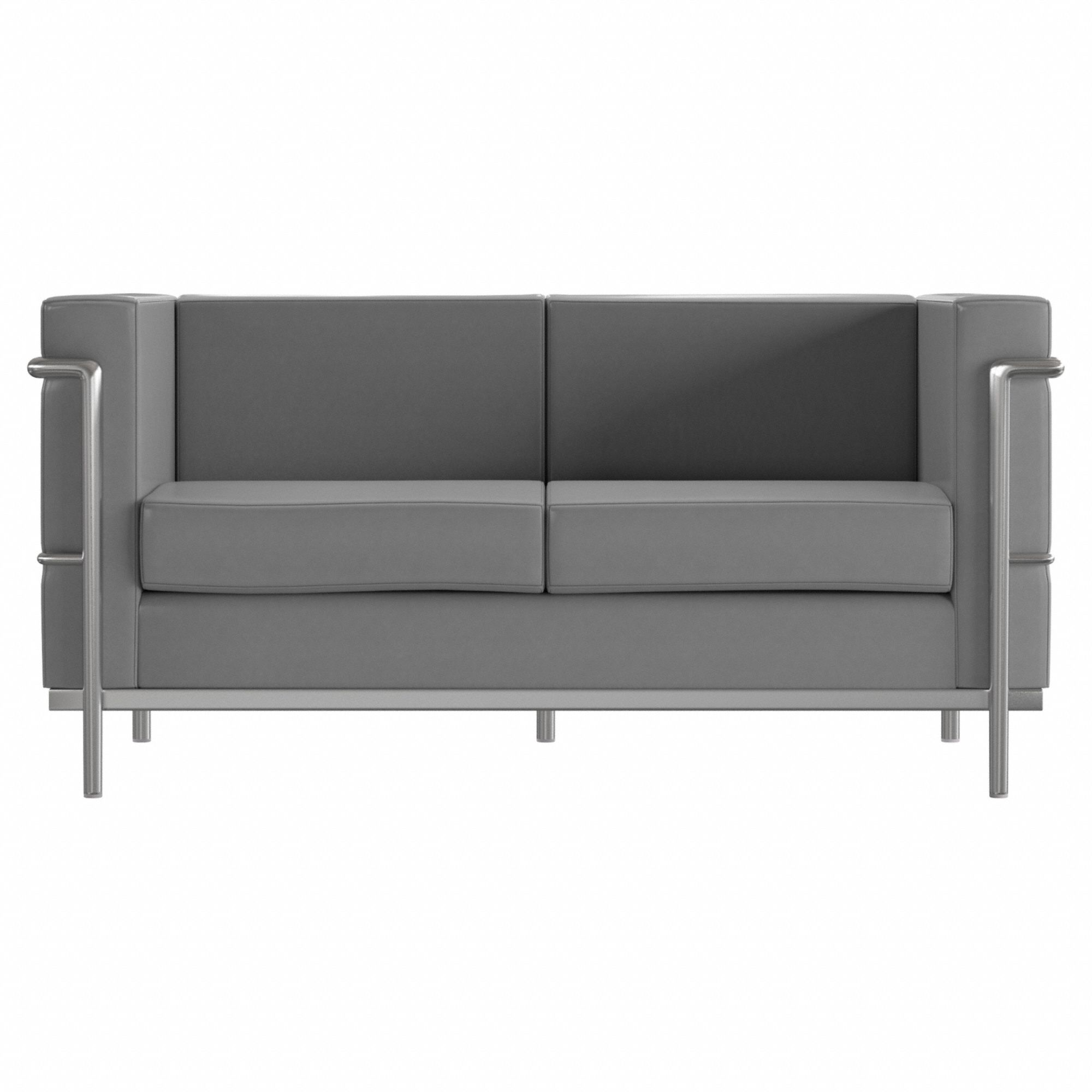 Sofa: Gray, Gray, Faux Leather, Metal, 43 1/2 in Seat Wd, 21 1/4 in Seat Dp