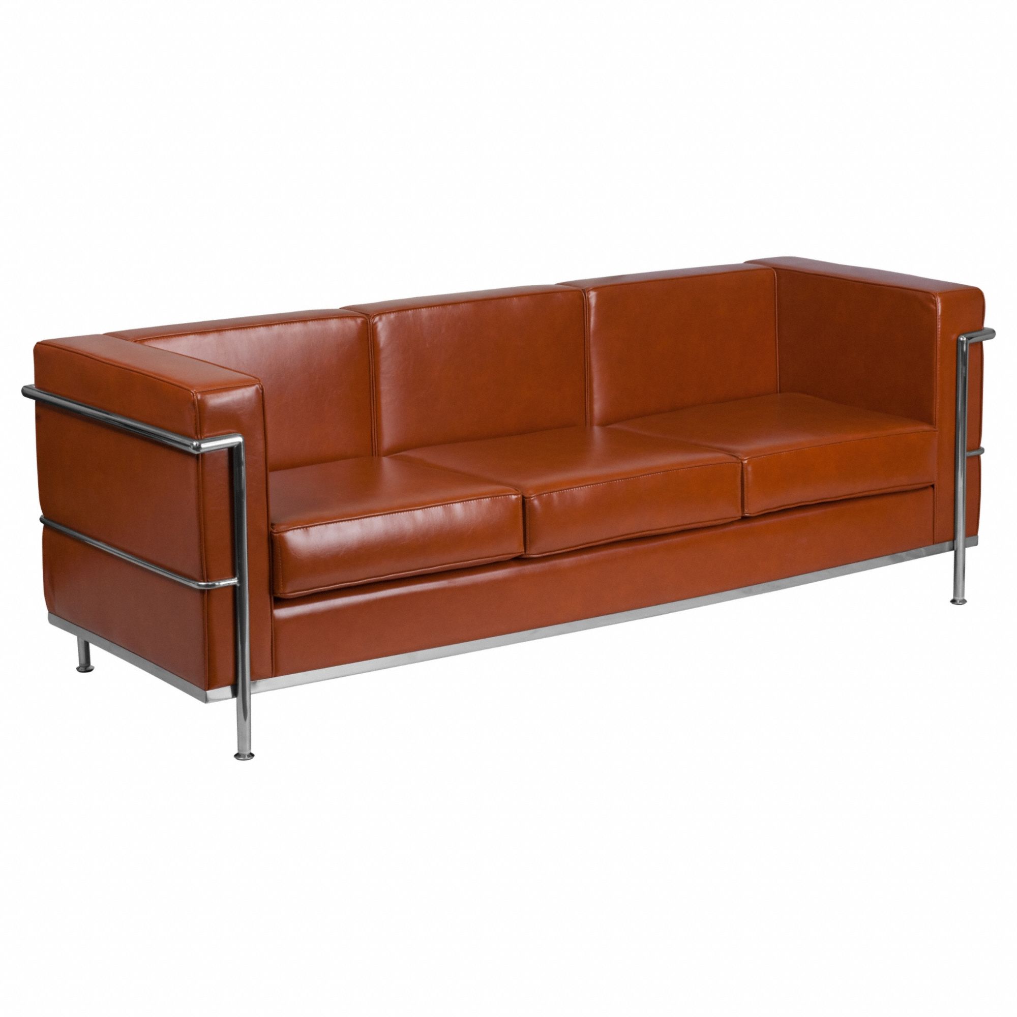 Sofa: Brown, Gray, Faux Leather, Metal, 65 1/2 in Seat Wd, 21 1/4 in Seat Dp