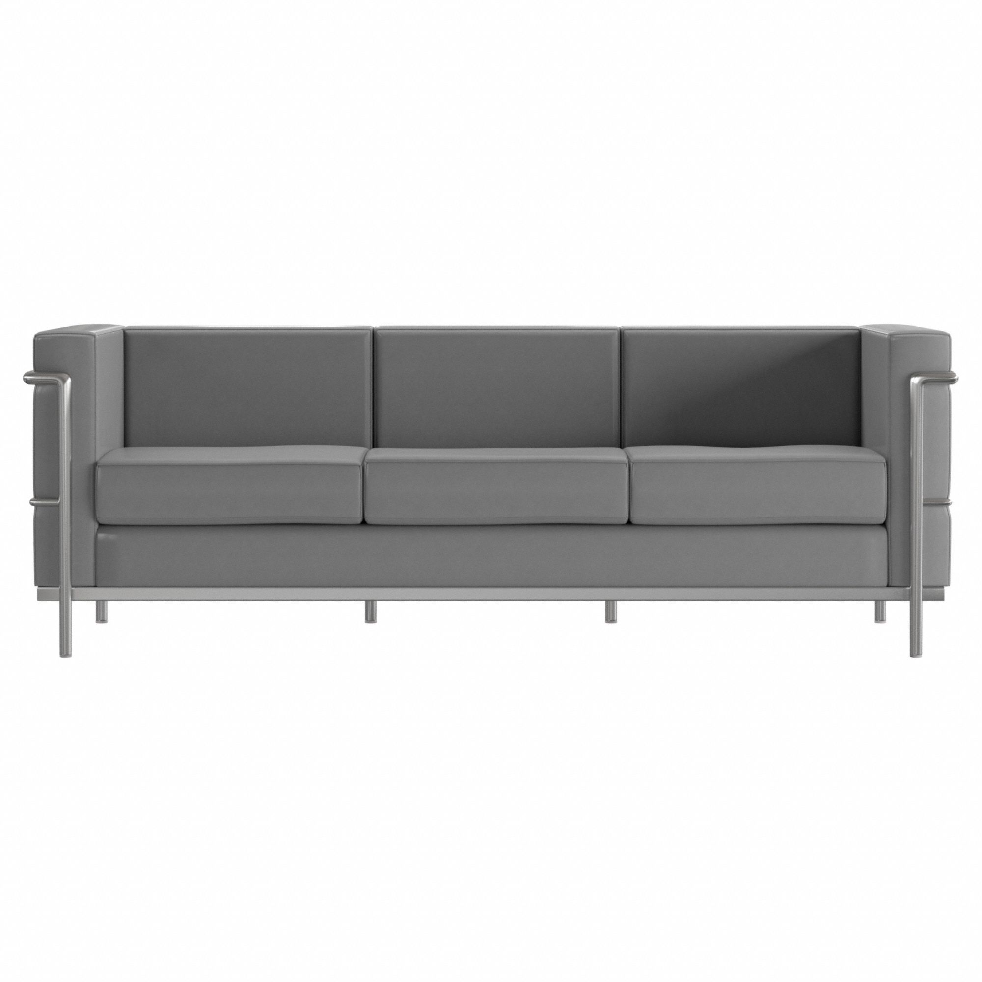 Sofa: Gray, Gray, Faux Leather, Metal, 65 1/2 in Seat Wd, 21 1/4 in Seat Dp