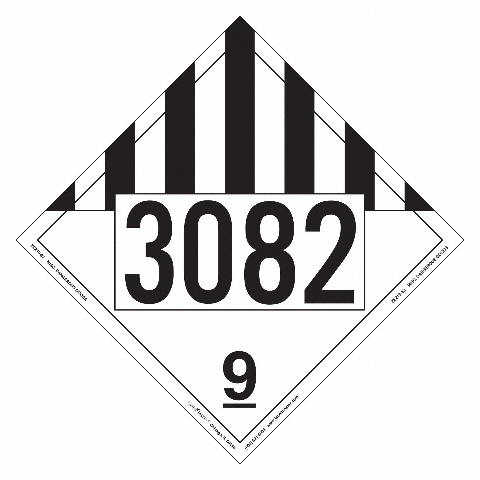 Miscellaneous Dangerous Goods Placard: 3082, 10 3/4 in x 10 3/4 in, Vinyl, 25 PK